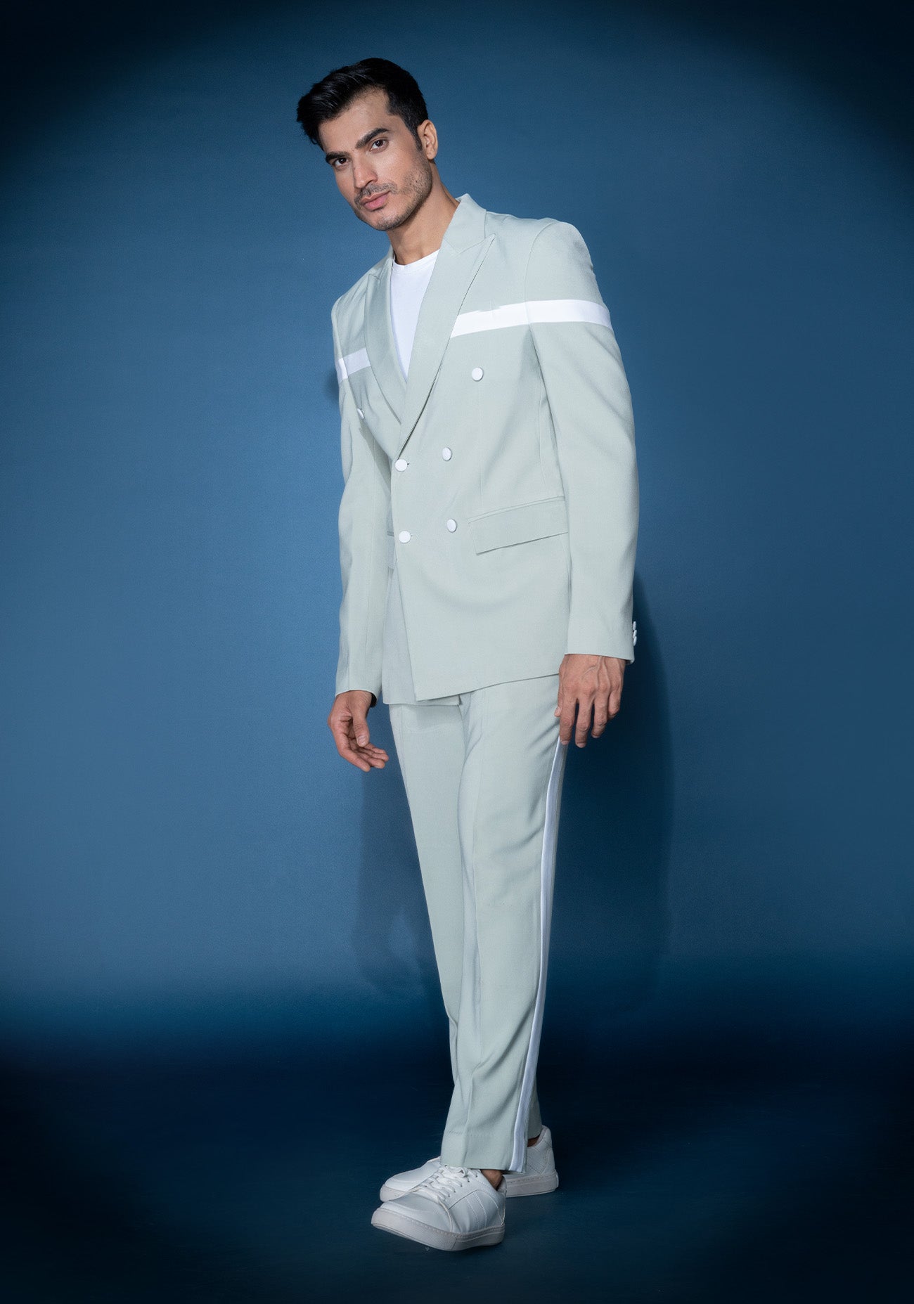 Sea green & white double breasted jacket set
