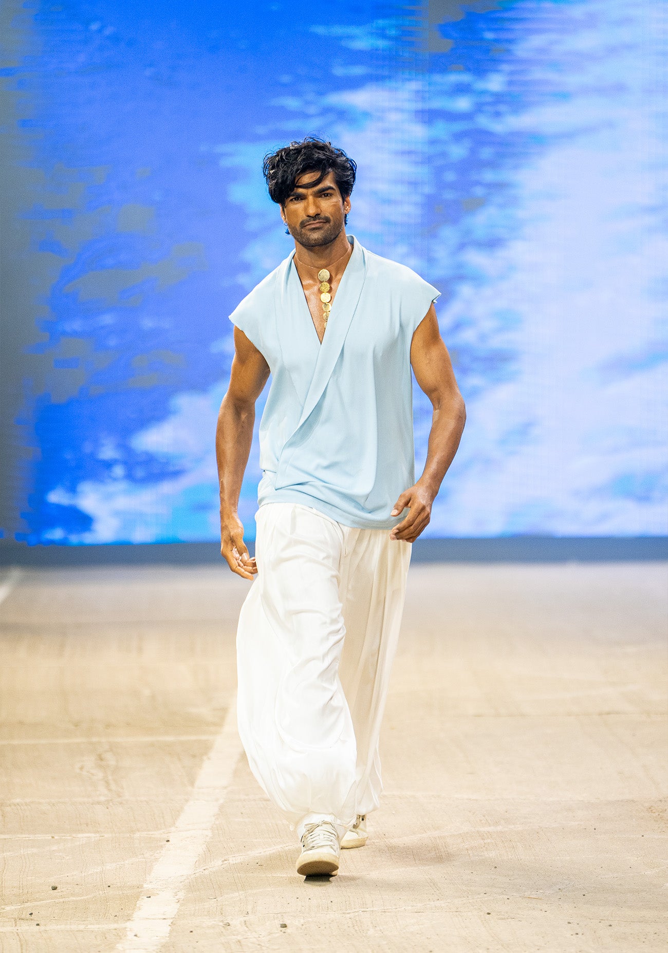 Powder Blue Hand-Painted Shirt with White Harem Pants