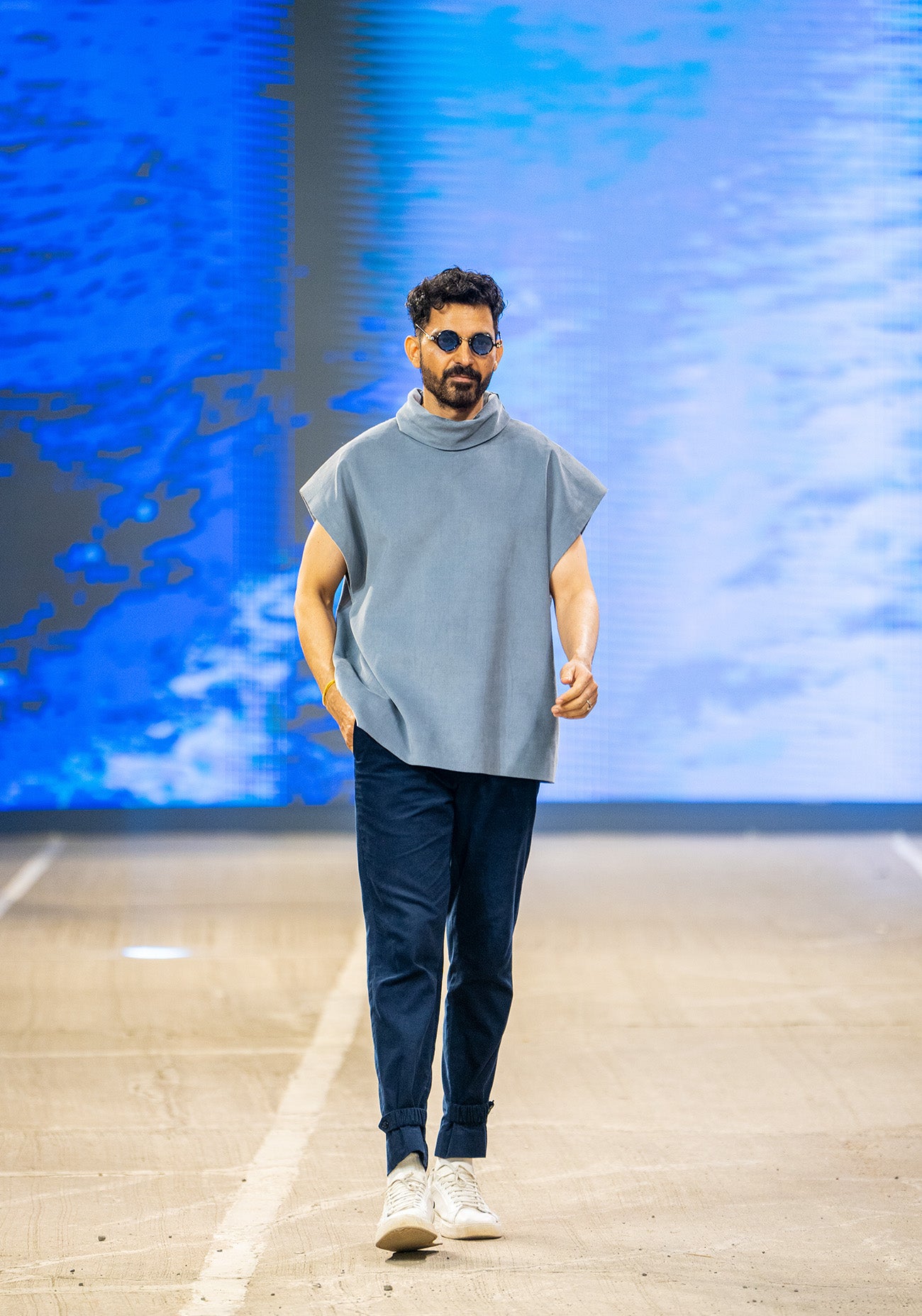 Grey Hand-Painted Corduroy T-Shirt with Navy Pants