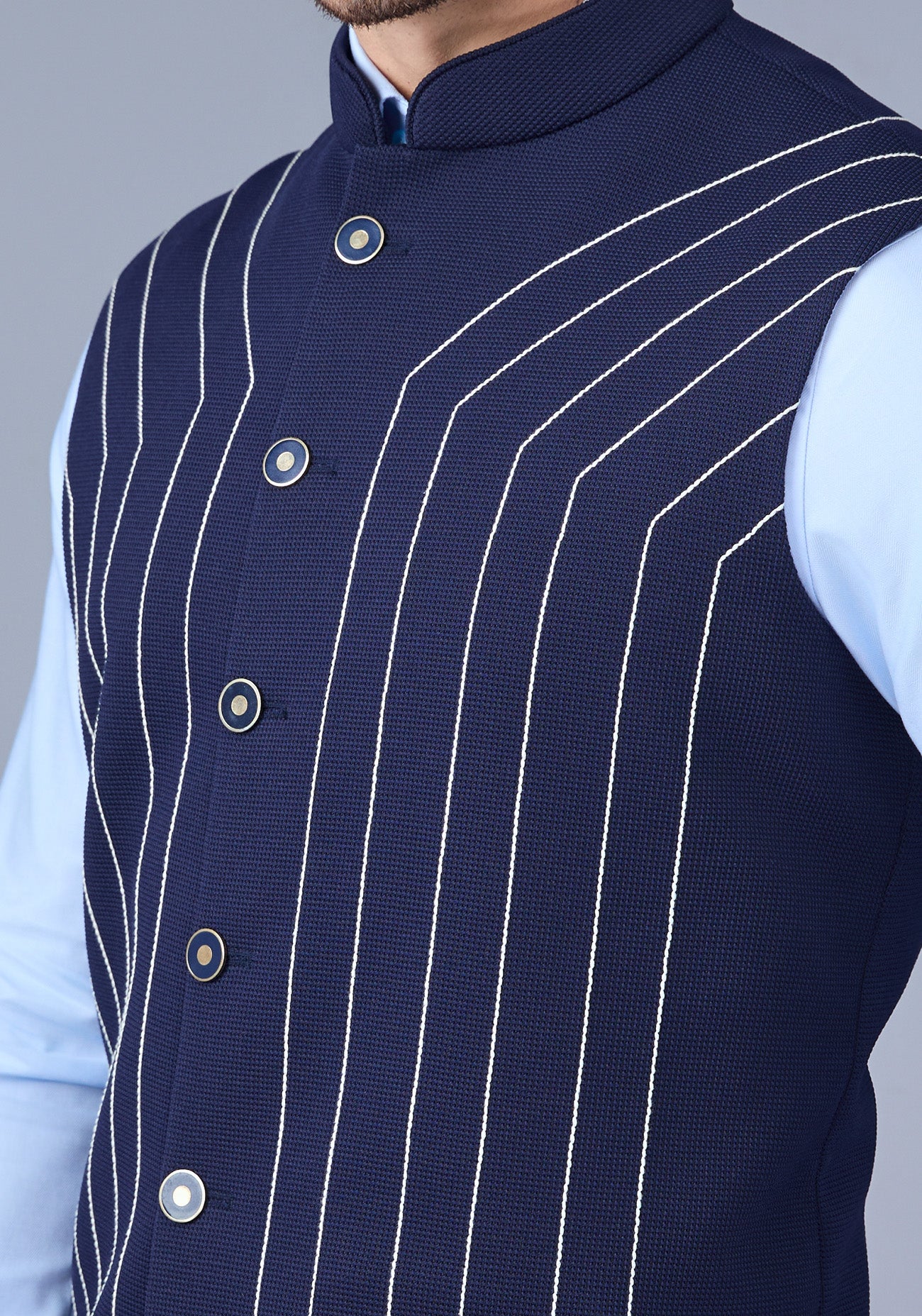 Navy Blue White Stitch Nehru Jacket