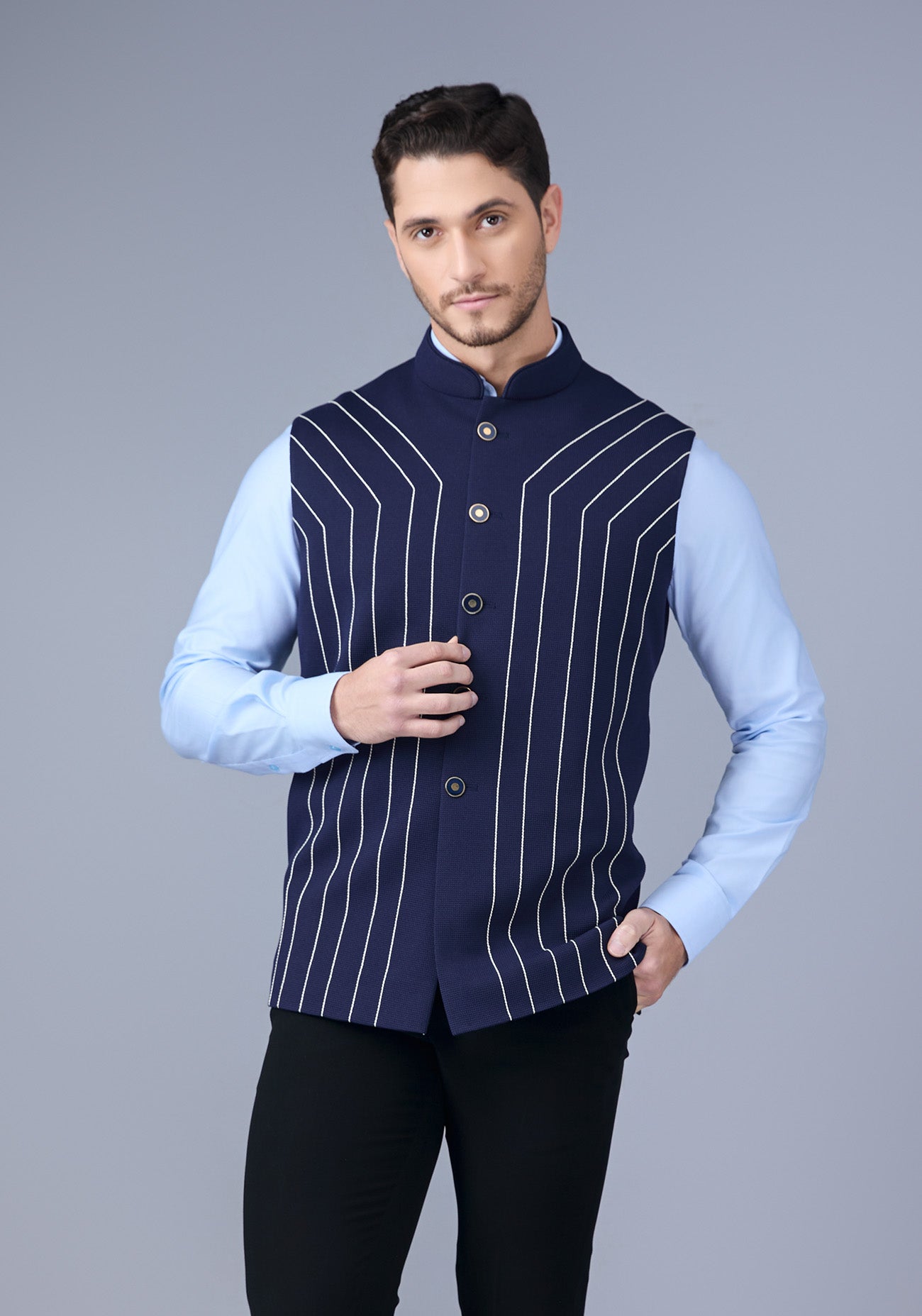 Navy Blue White Stitch Nehru Jacket