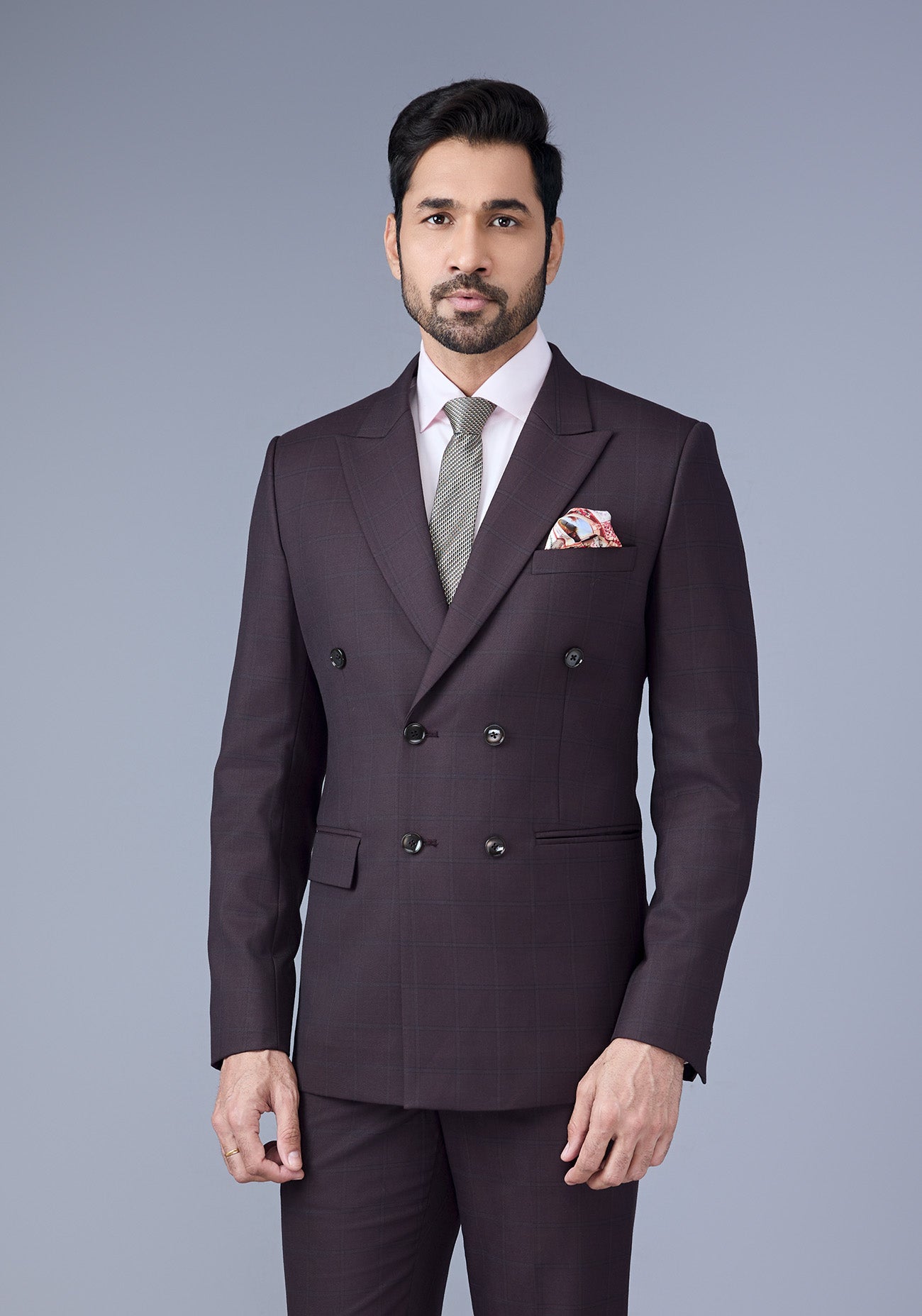 Brown Checkered Double Breasted Suit