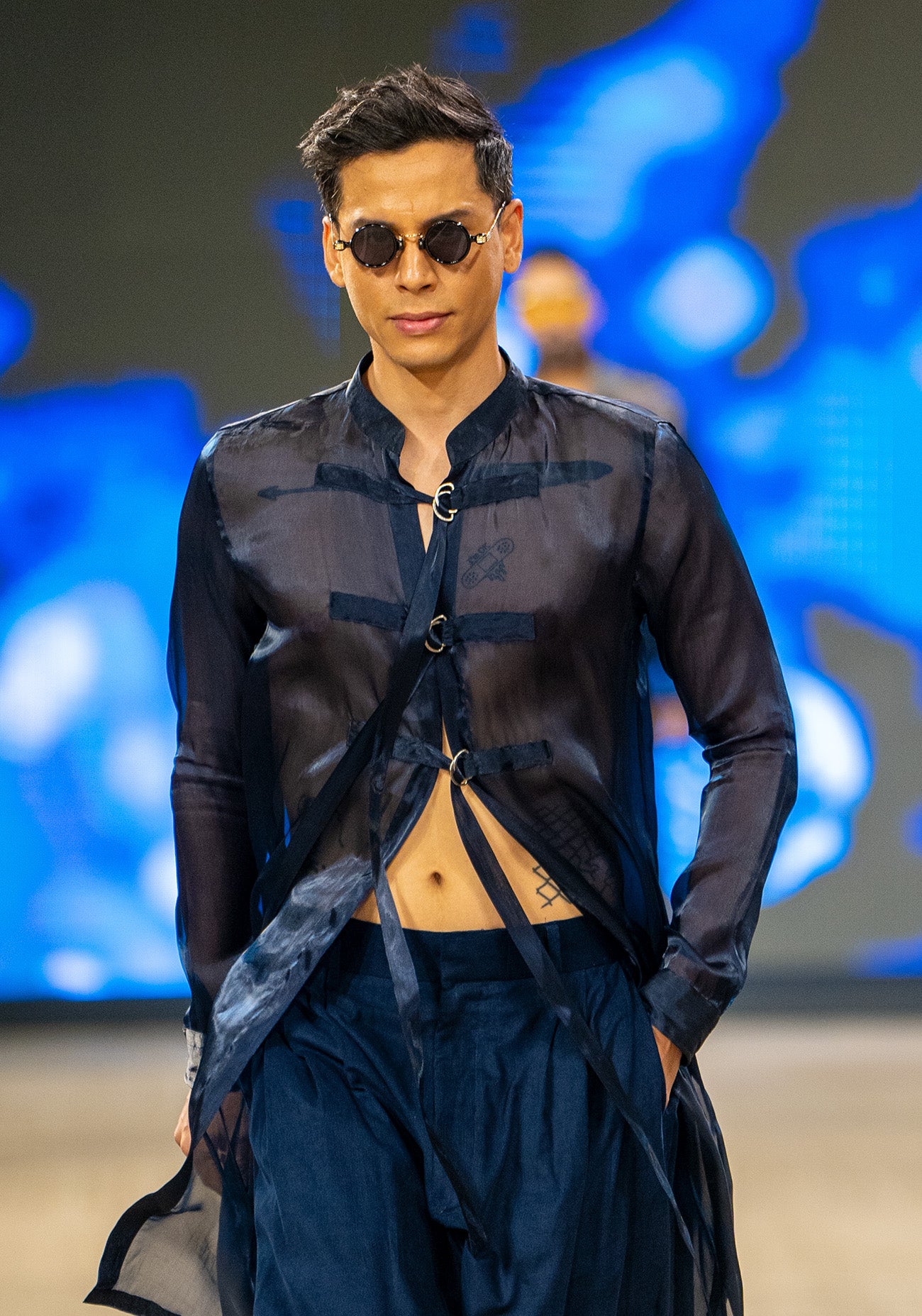 Navy Sheer Tie-Up Shirt with Navy Pants
