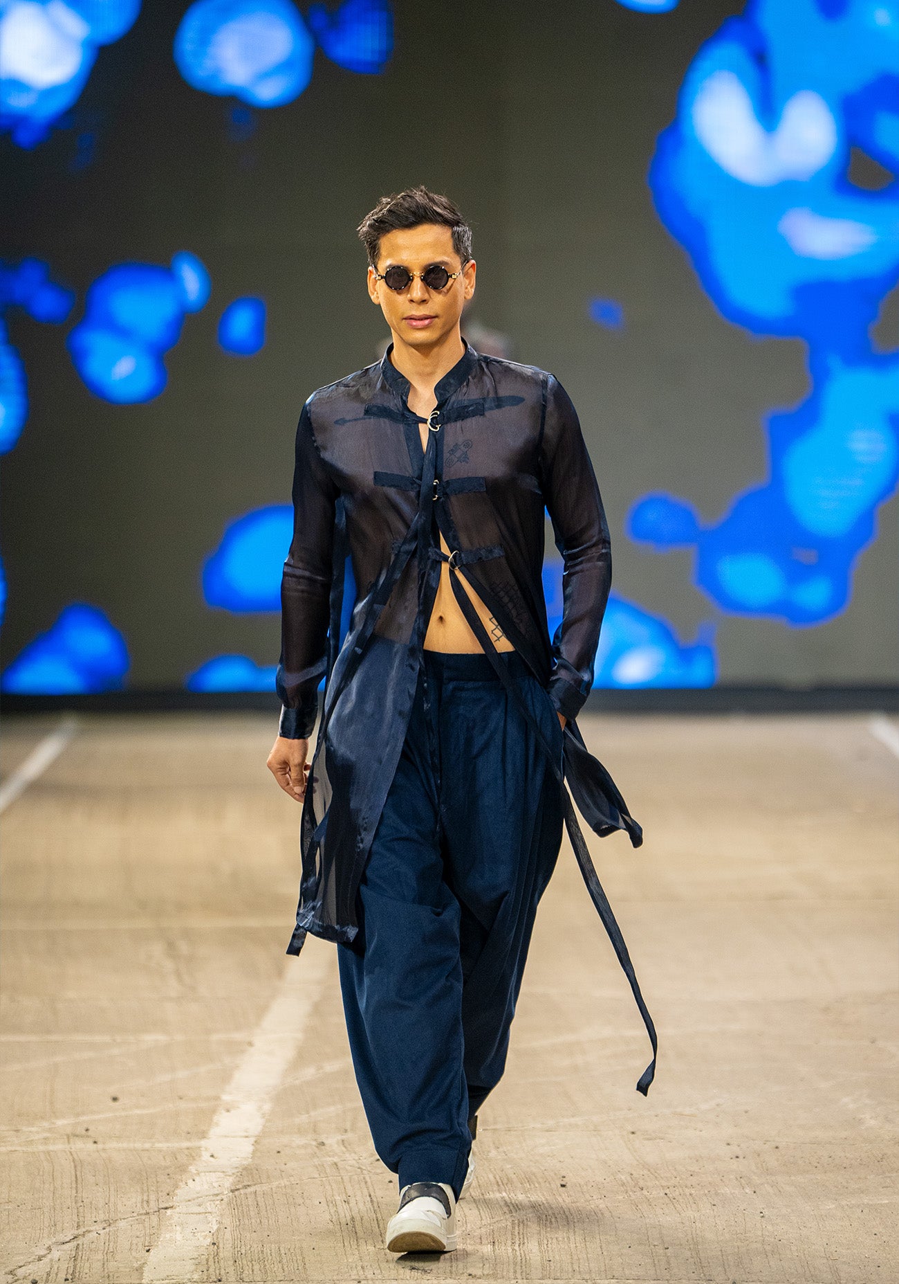 Navy Sheer Tie-Up Shirt with Navy Pants