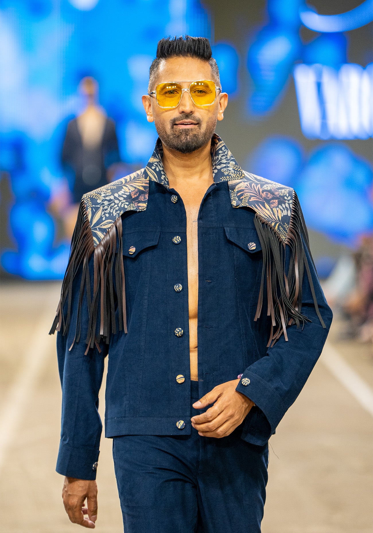 Navy Tropical Trellis Leather Tassel Jacket Co-ord Set
