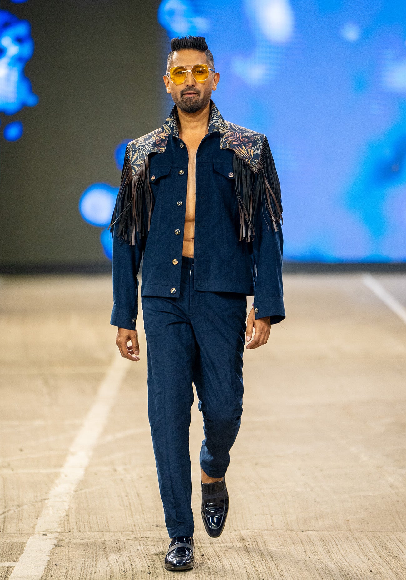 Navy Tropical Trellis Leather Tassel Jacket Co-ord Set