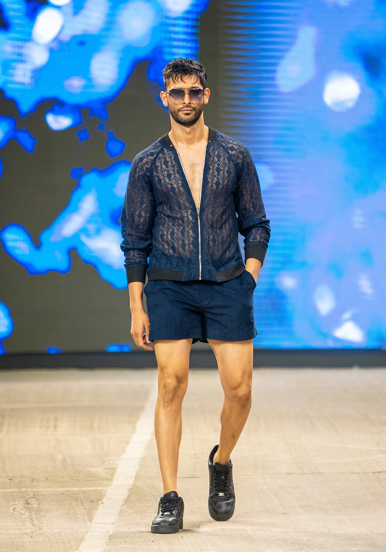 Navy Lace Jacket with Navy Shorts