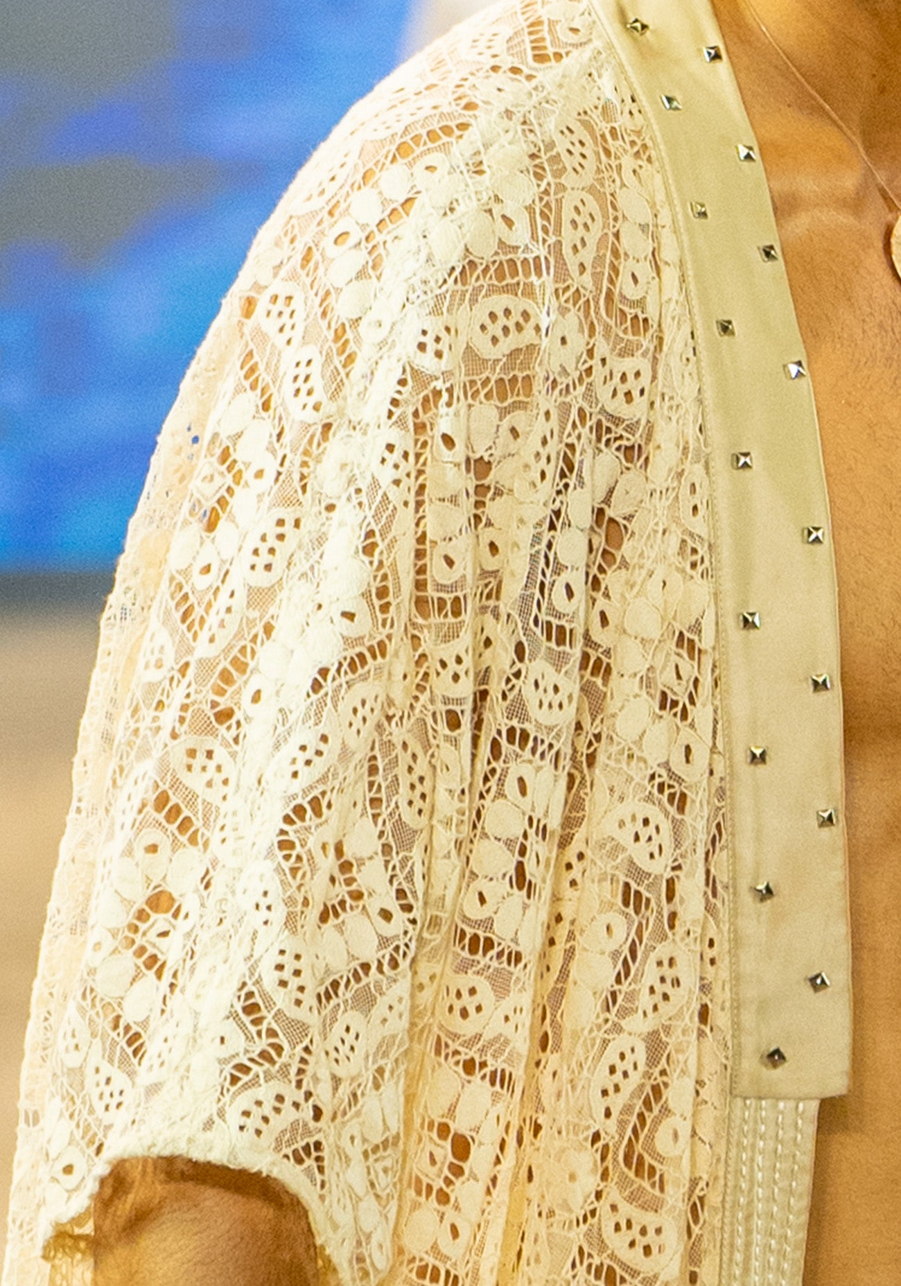 Cream Lace Cape with White Metallic Lycra Pants