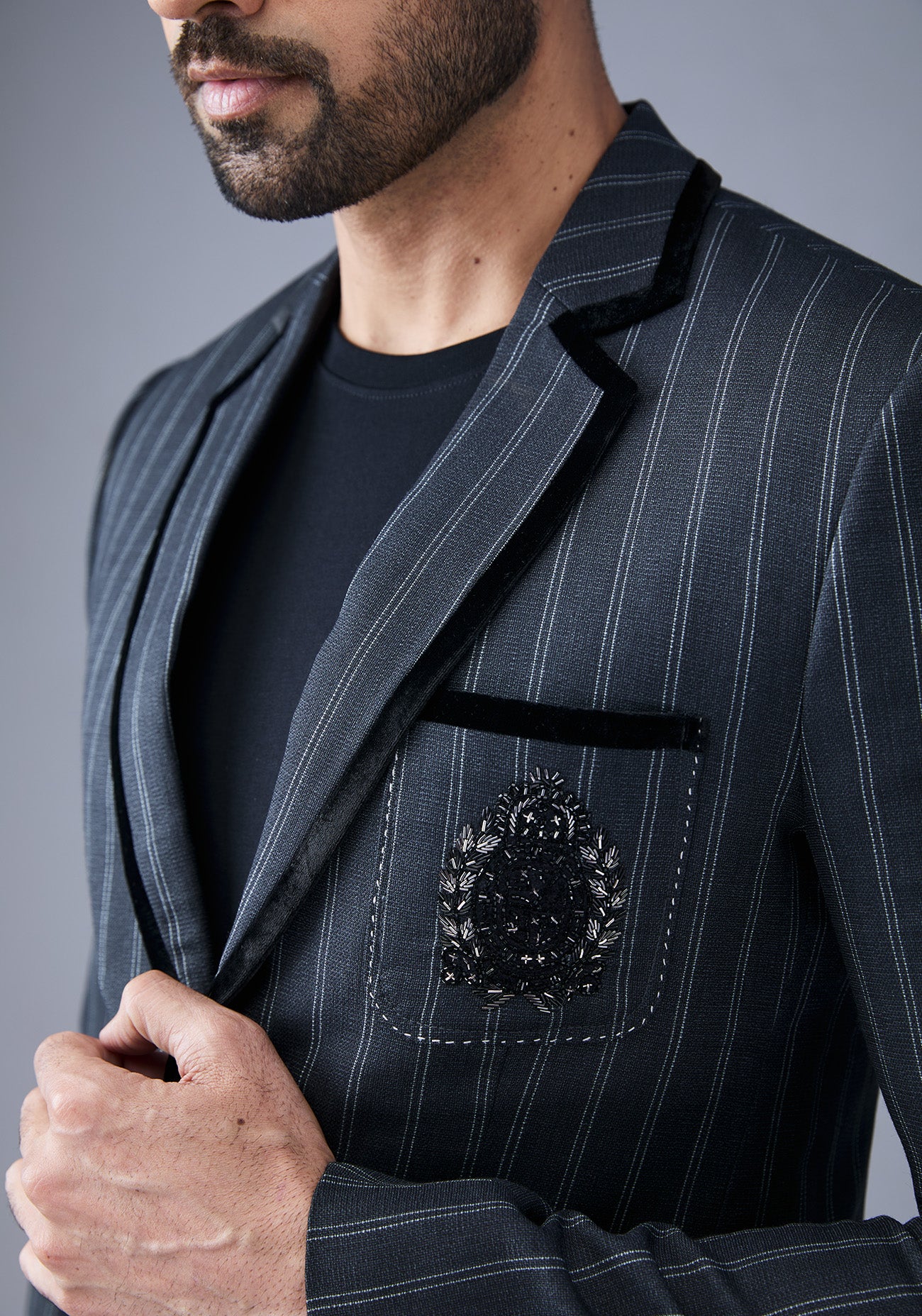 Dark Grey Striped Motif Blazer