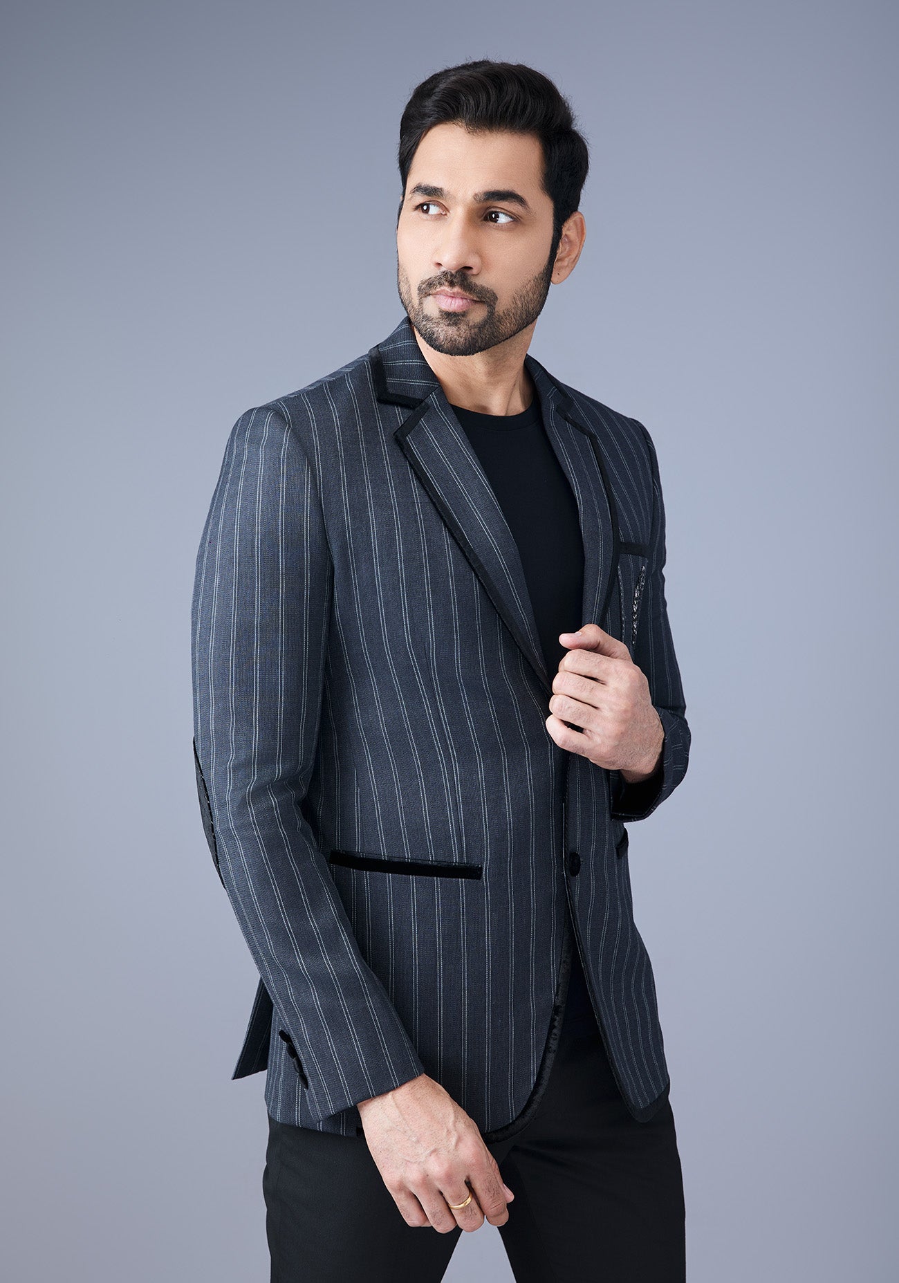 Dark Grey Striped Motif Blazer