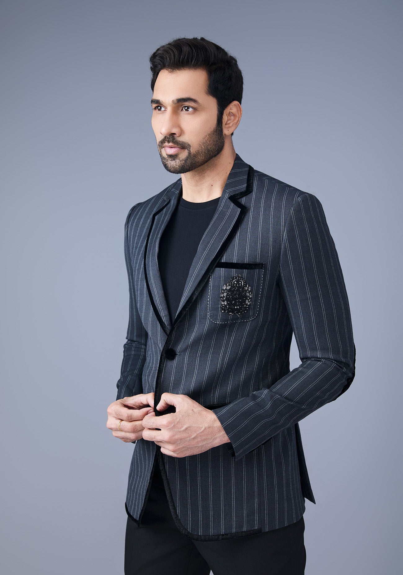 Dark Grey Striped Motif Blazer