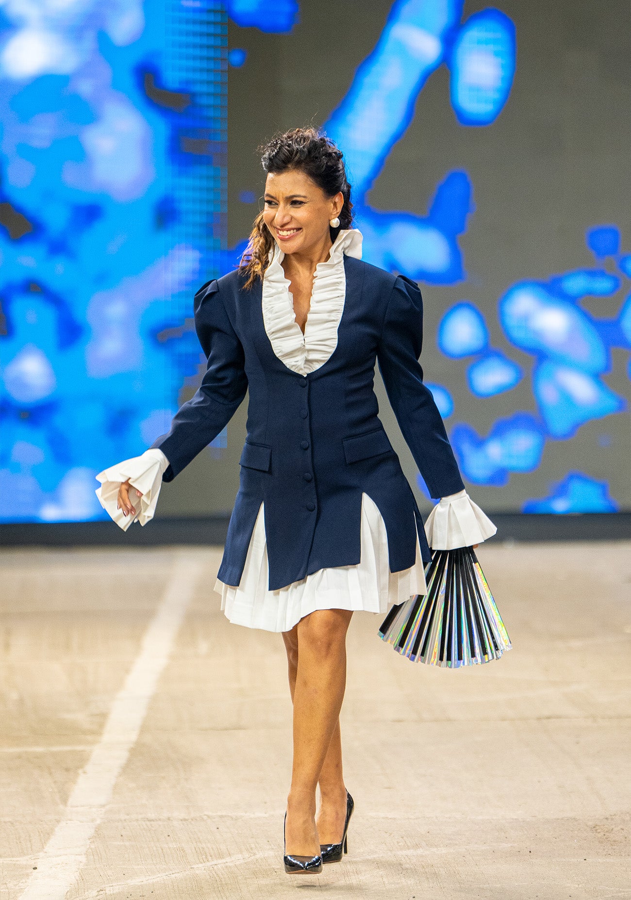 Navy Frill Collar Dress with White Skirt