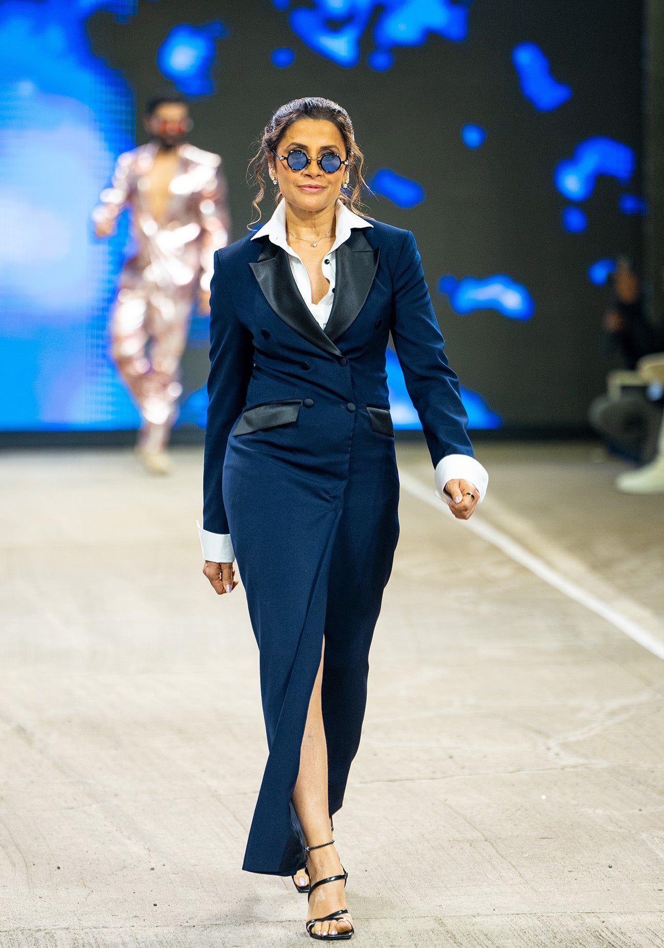 Navy Tuxedo Gown with Front Slit