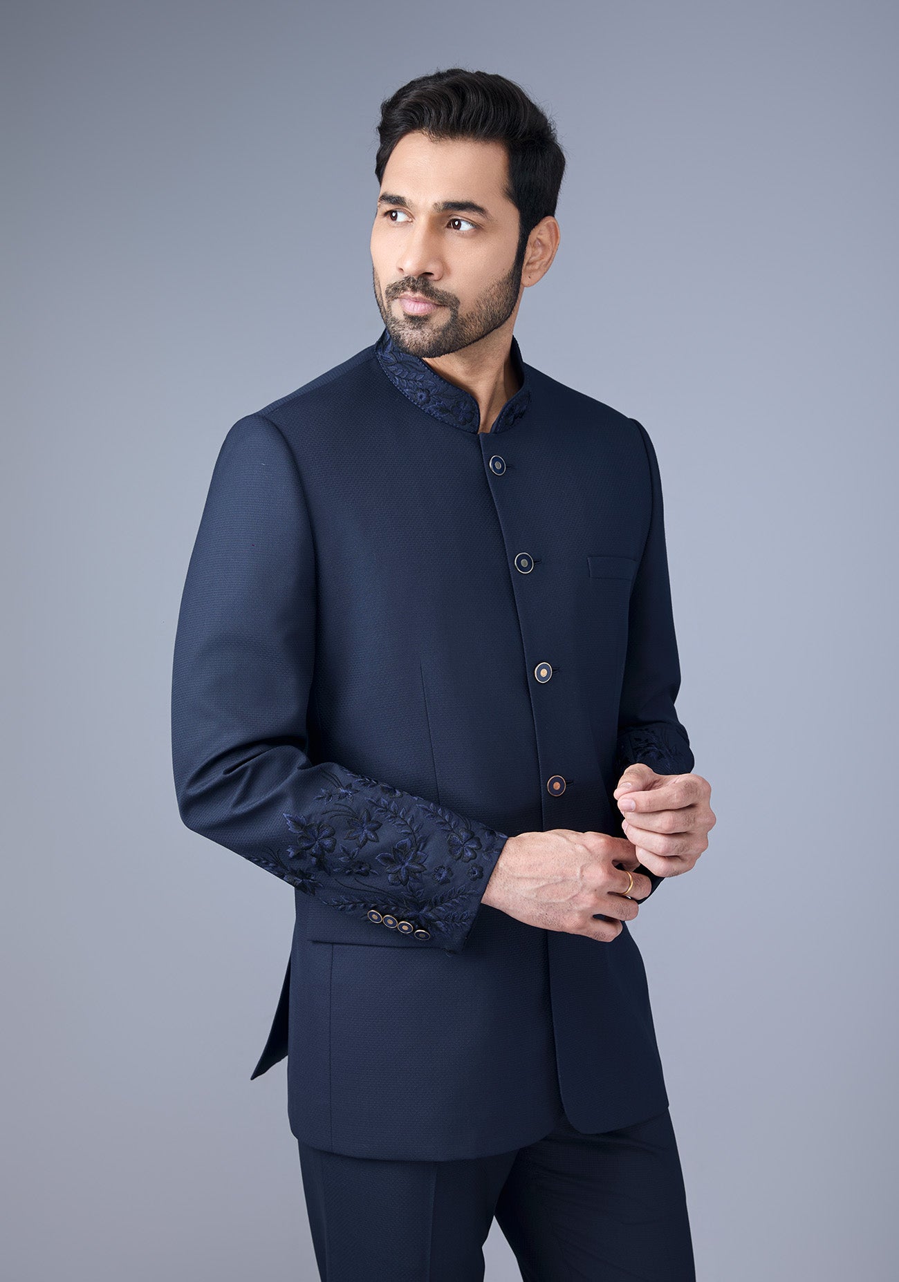 Navy Blue Embroidered Bandhgala