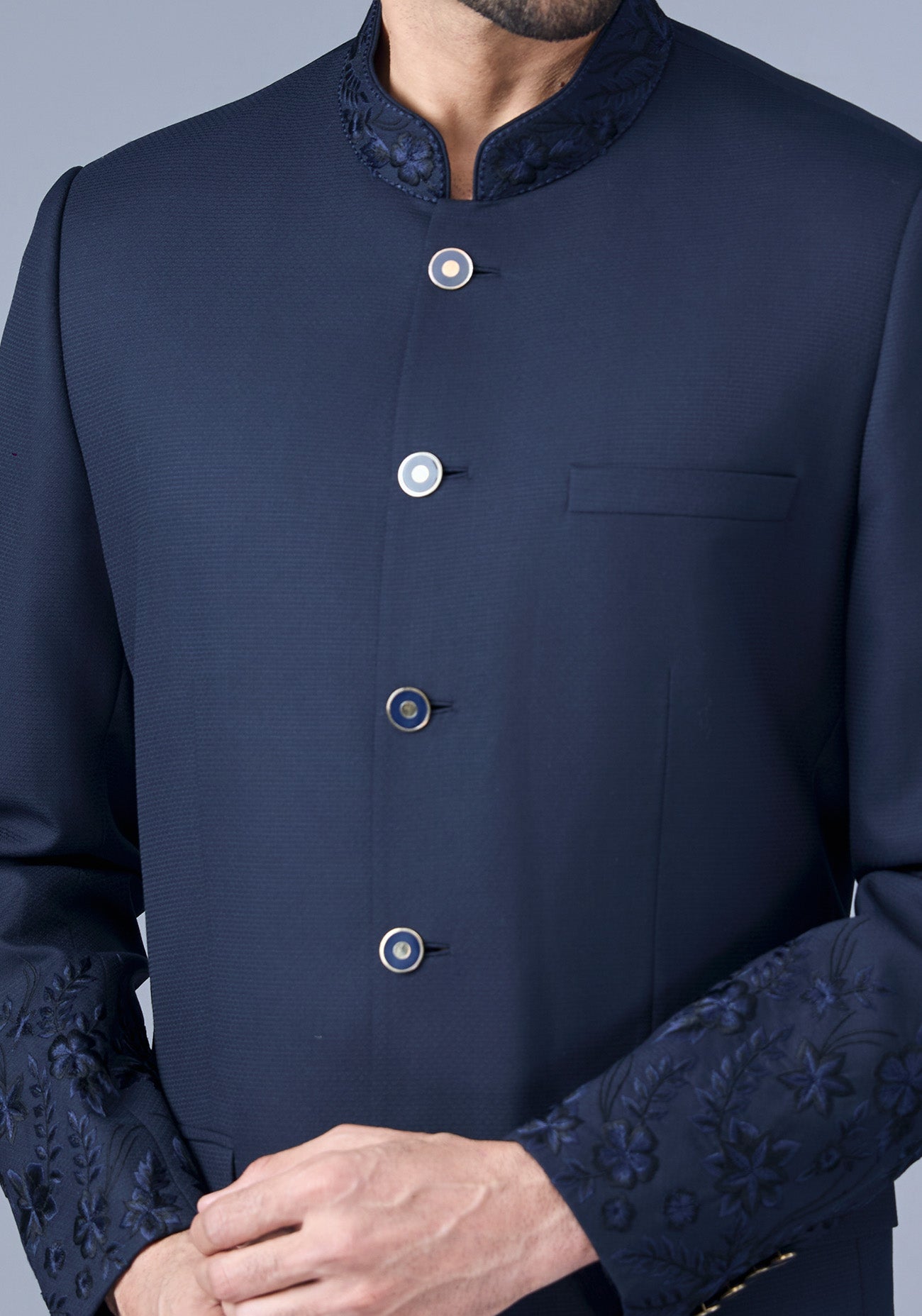 Navy Blue Embroidered Bandhgala