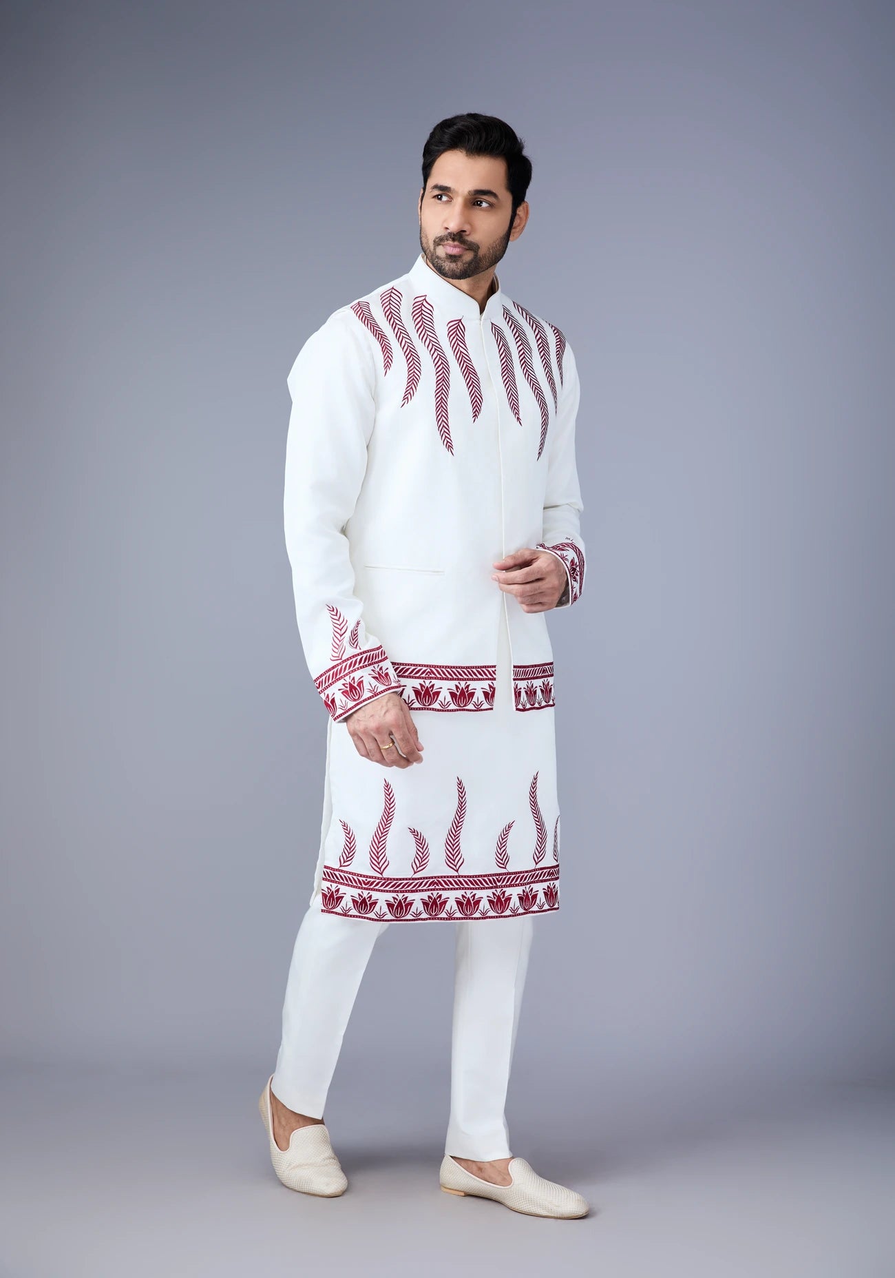 Off White Maroon Leaf Embroidery Nehru Jacket Set