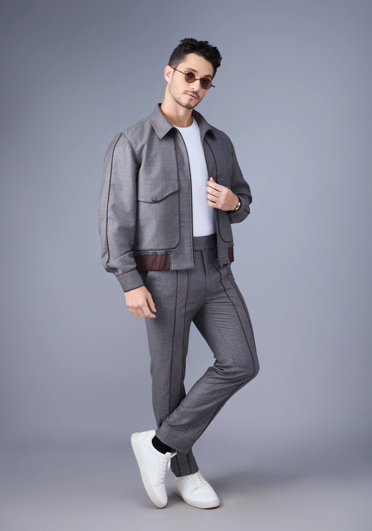 Grey Checked Bomber Jacket Set