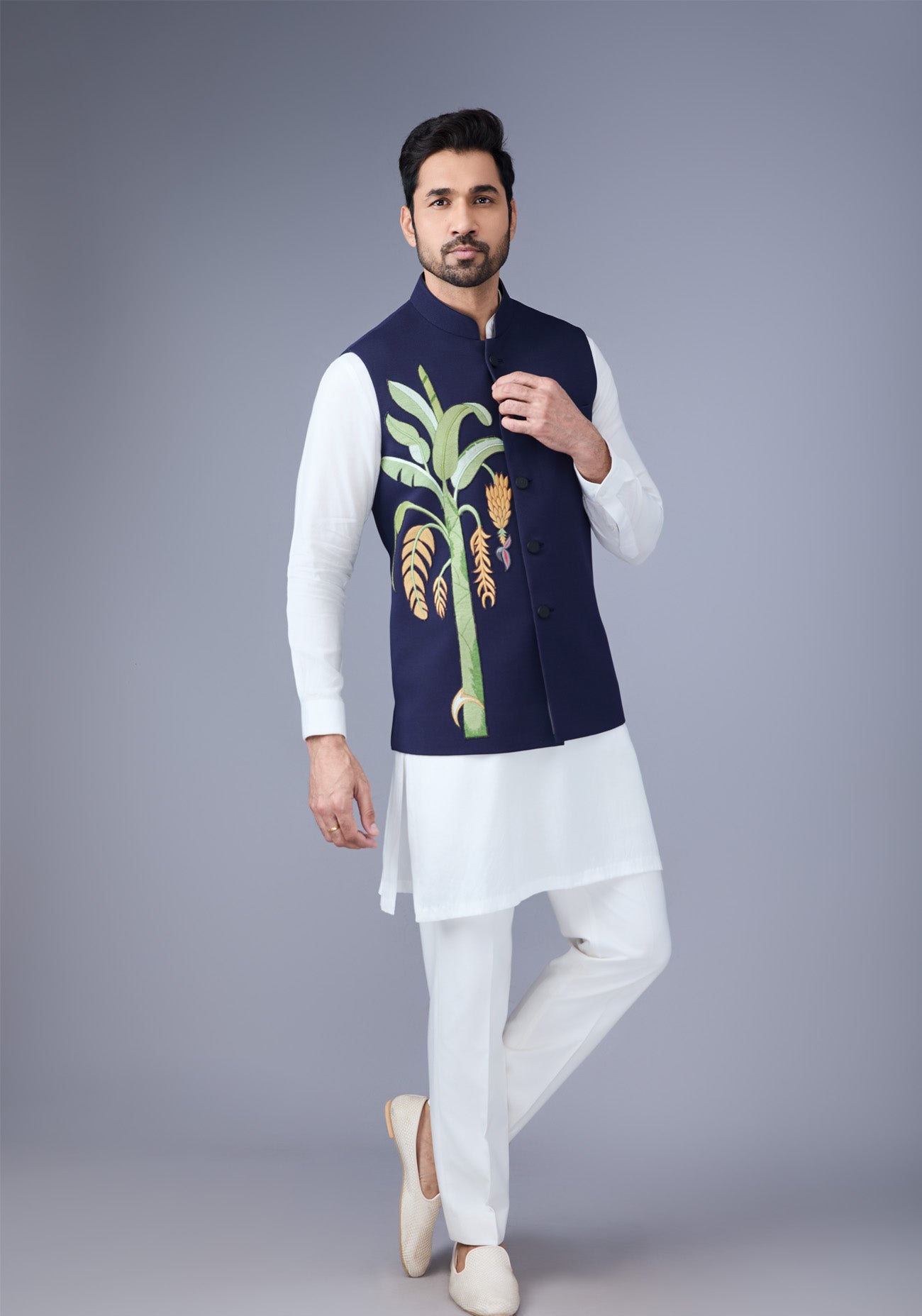 Navy blue with Banana Leaf Embroidery Nehru Jacket