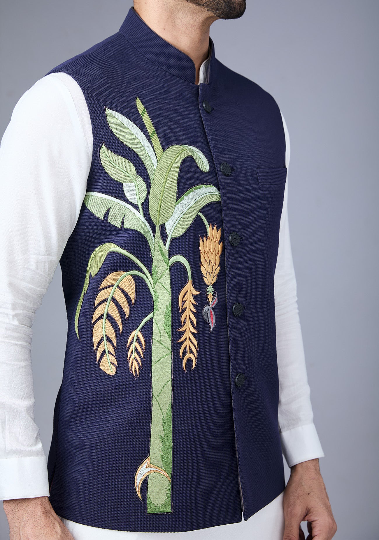 Navy blue with Banana Leaf Embroidery Nehru Jacket
