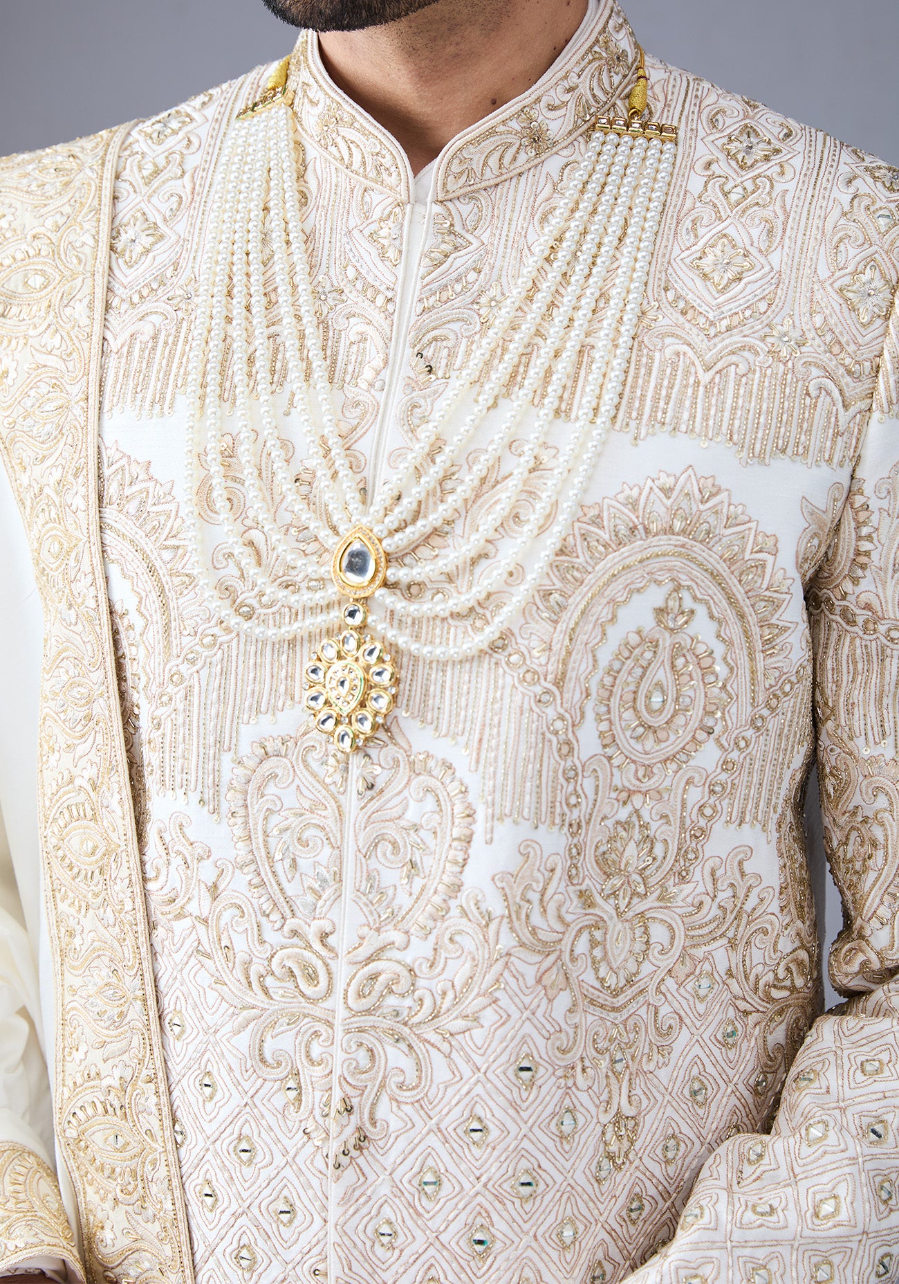 Off white and Gold hand Embroidered Sherwani