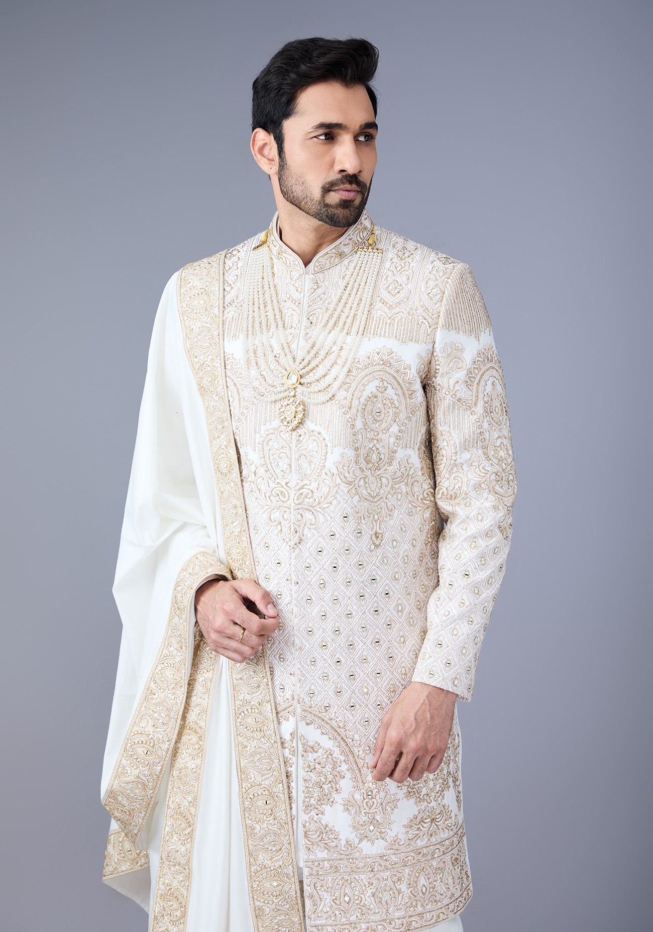 Off white and Gold hand Embroidered Sherwani