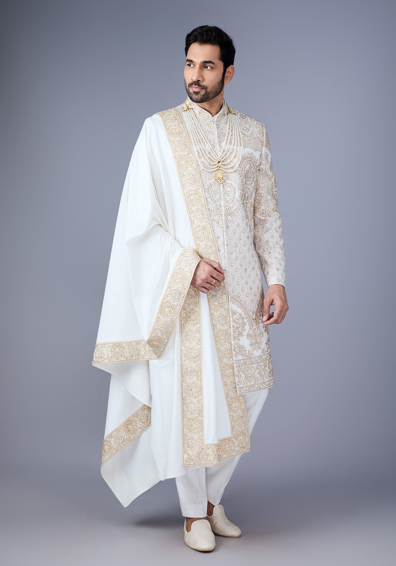Off white and Gold hand Embroidered Sherwani