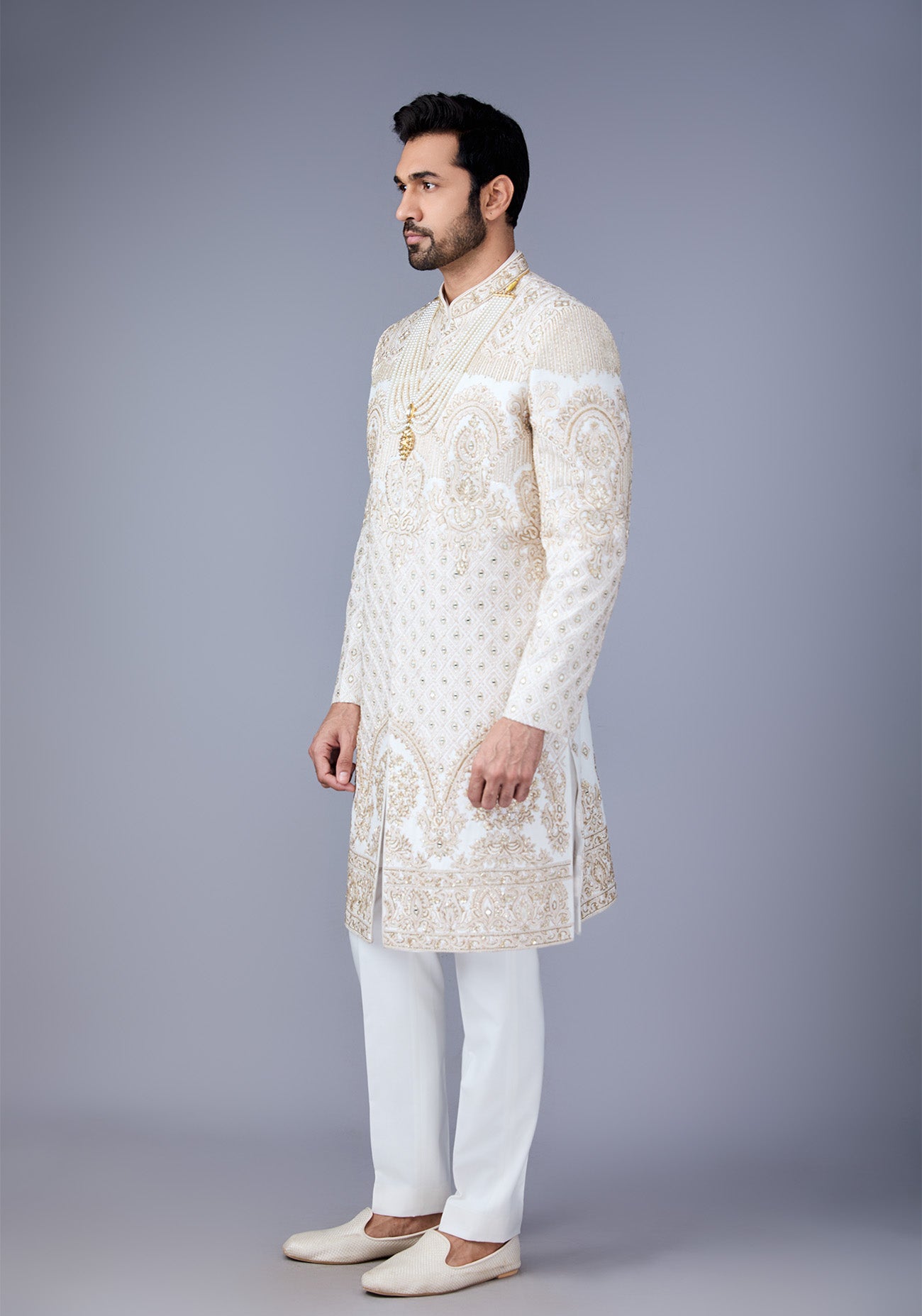 Off white and Gold hand Embroidered Sherwani