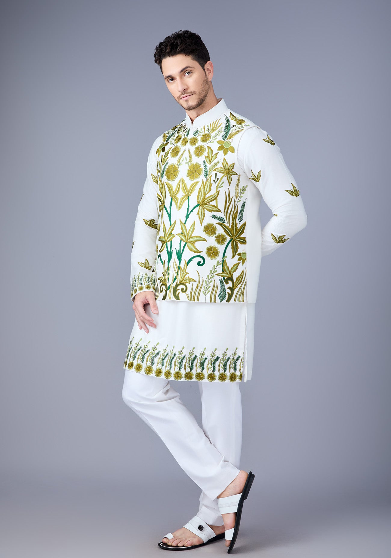 Off White & Green Embroidered Nehru Jacket Set