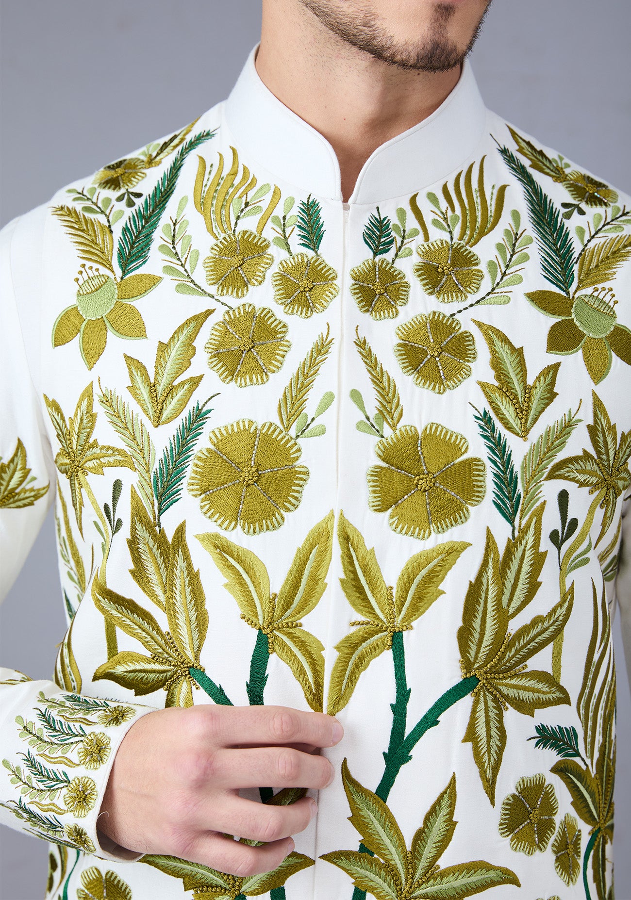 Off White & Green Embroidered Nehru Jacket Set