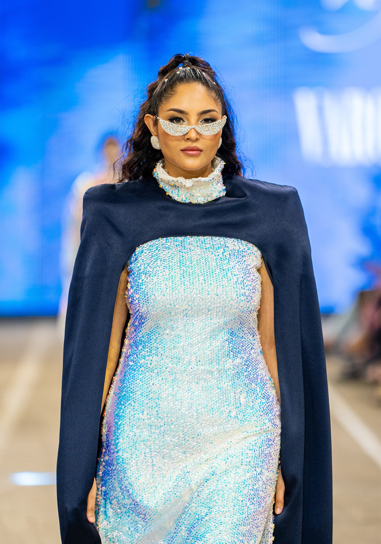 White Sequined Long Gown with Cape