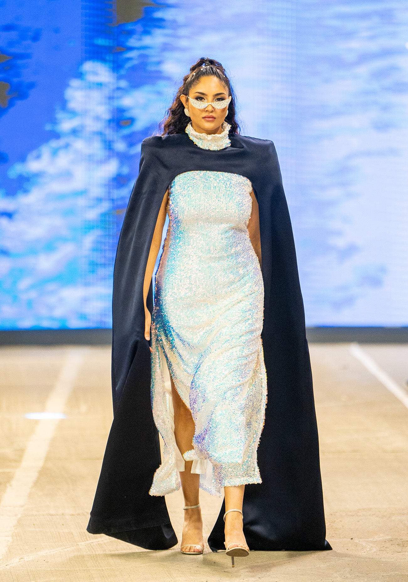 White Sequined Long Gown with Cape
