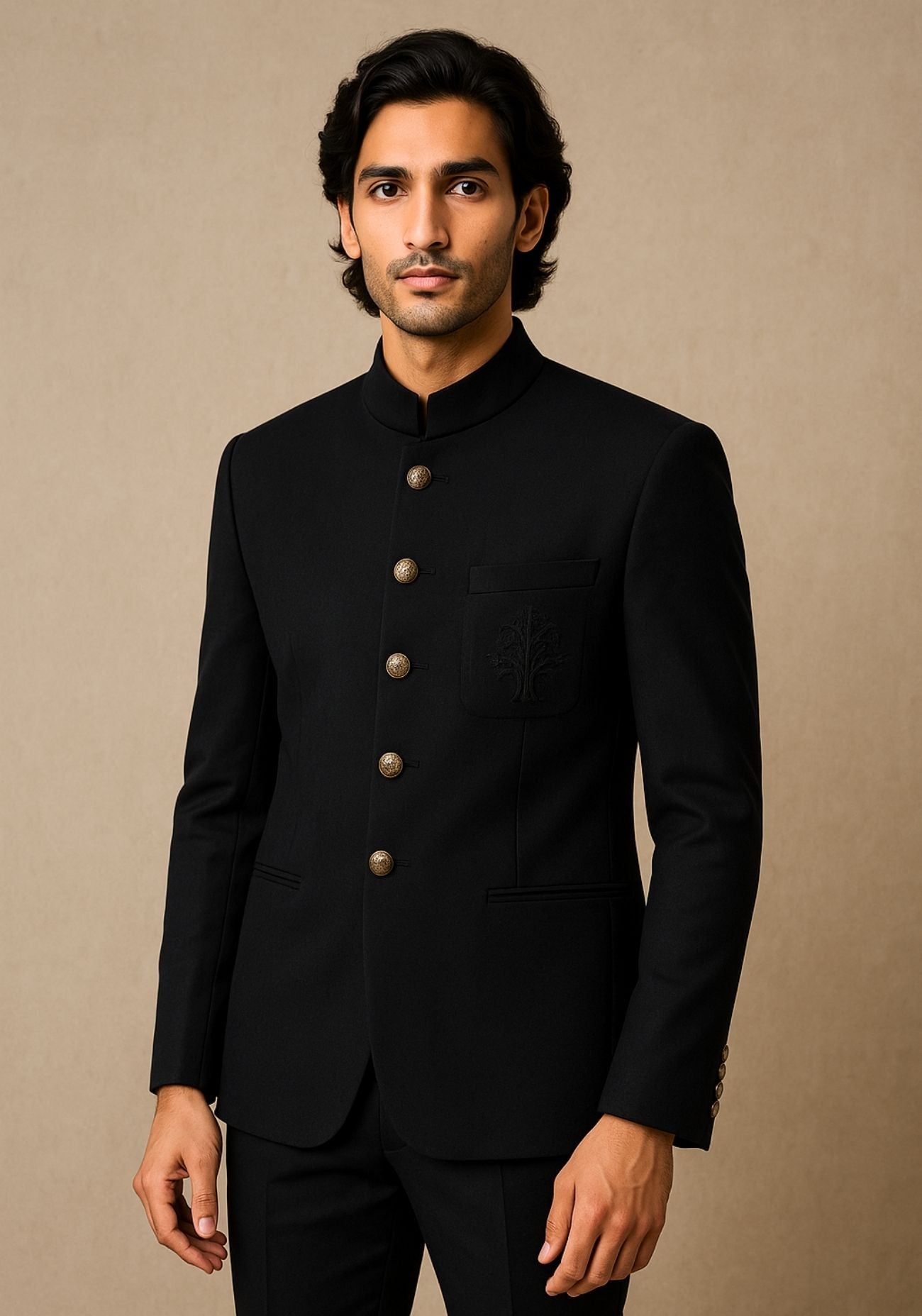 Black Bandhgala with Embroidered Motif