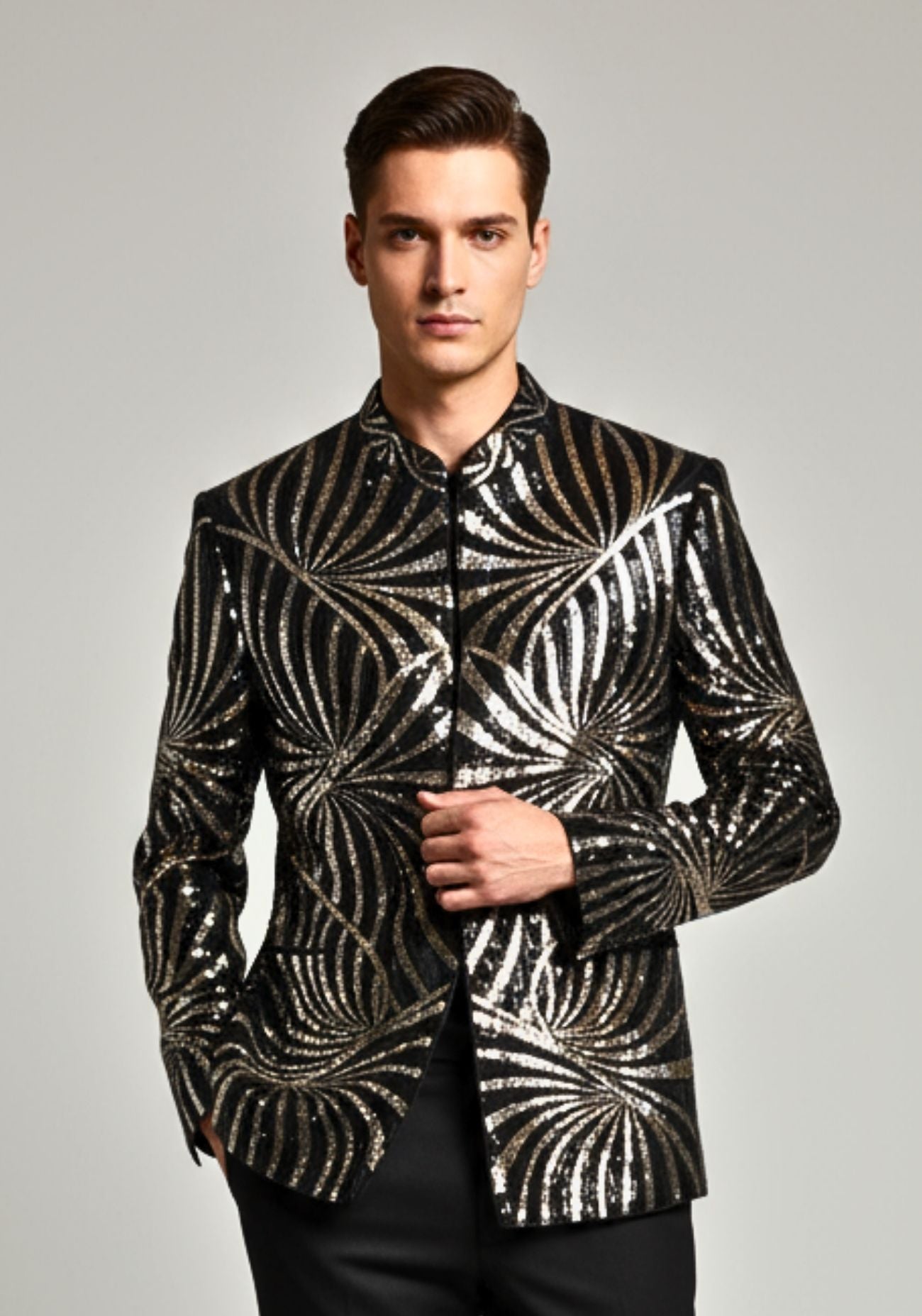 Black BANDHGALA WITH SILVER Salli work embroidery