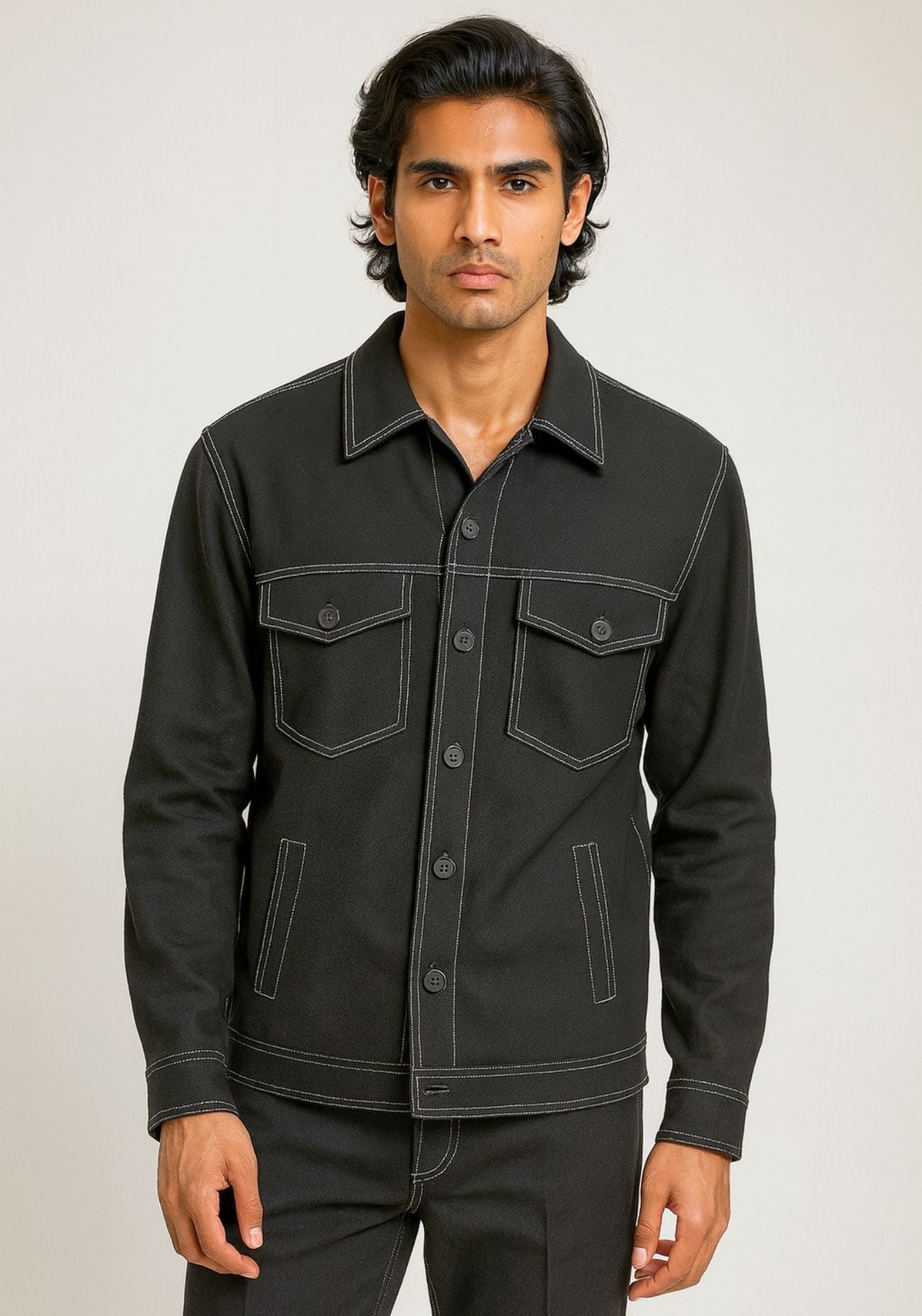 Black Jacket with White Stitch Detail