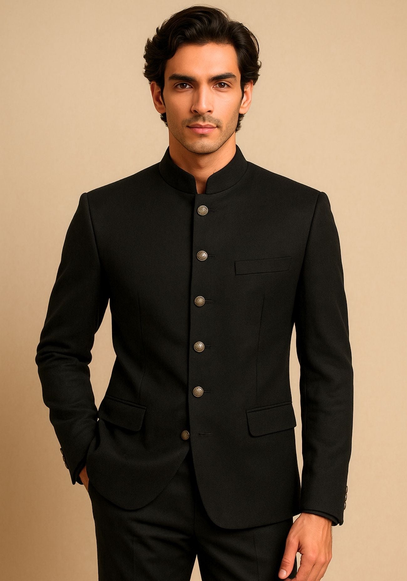 Black Textured Bandhgala