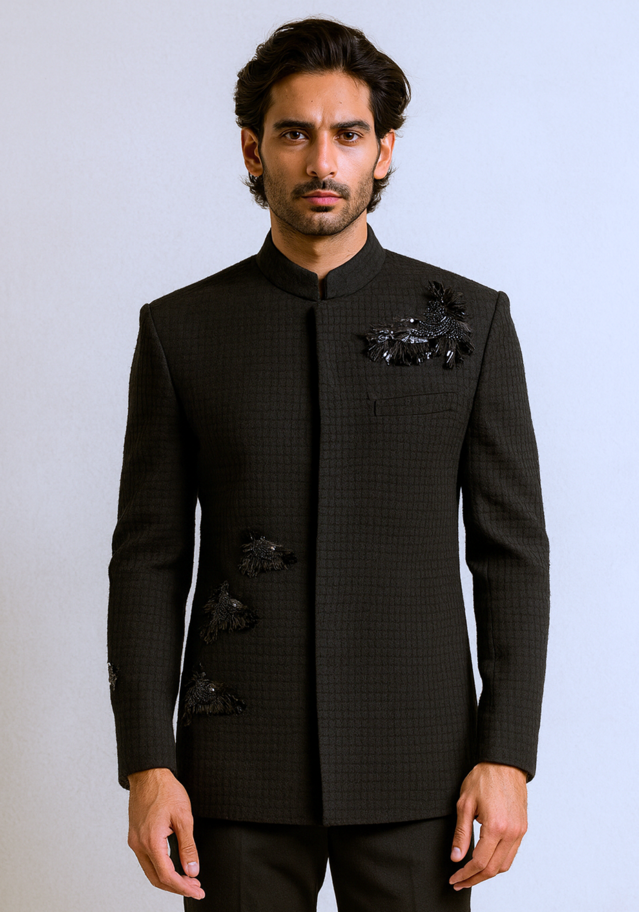 Black textured bandhgala with bird