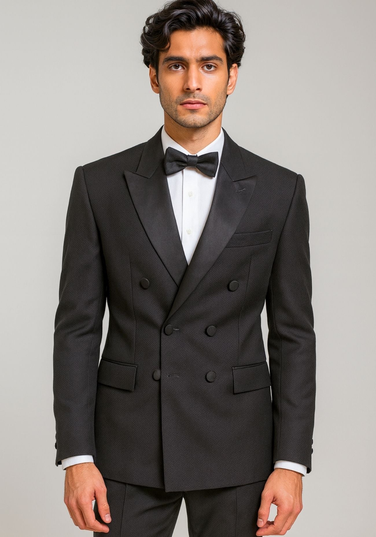 Black Textured Double Breasted Tuxedo with Peak Lapel
