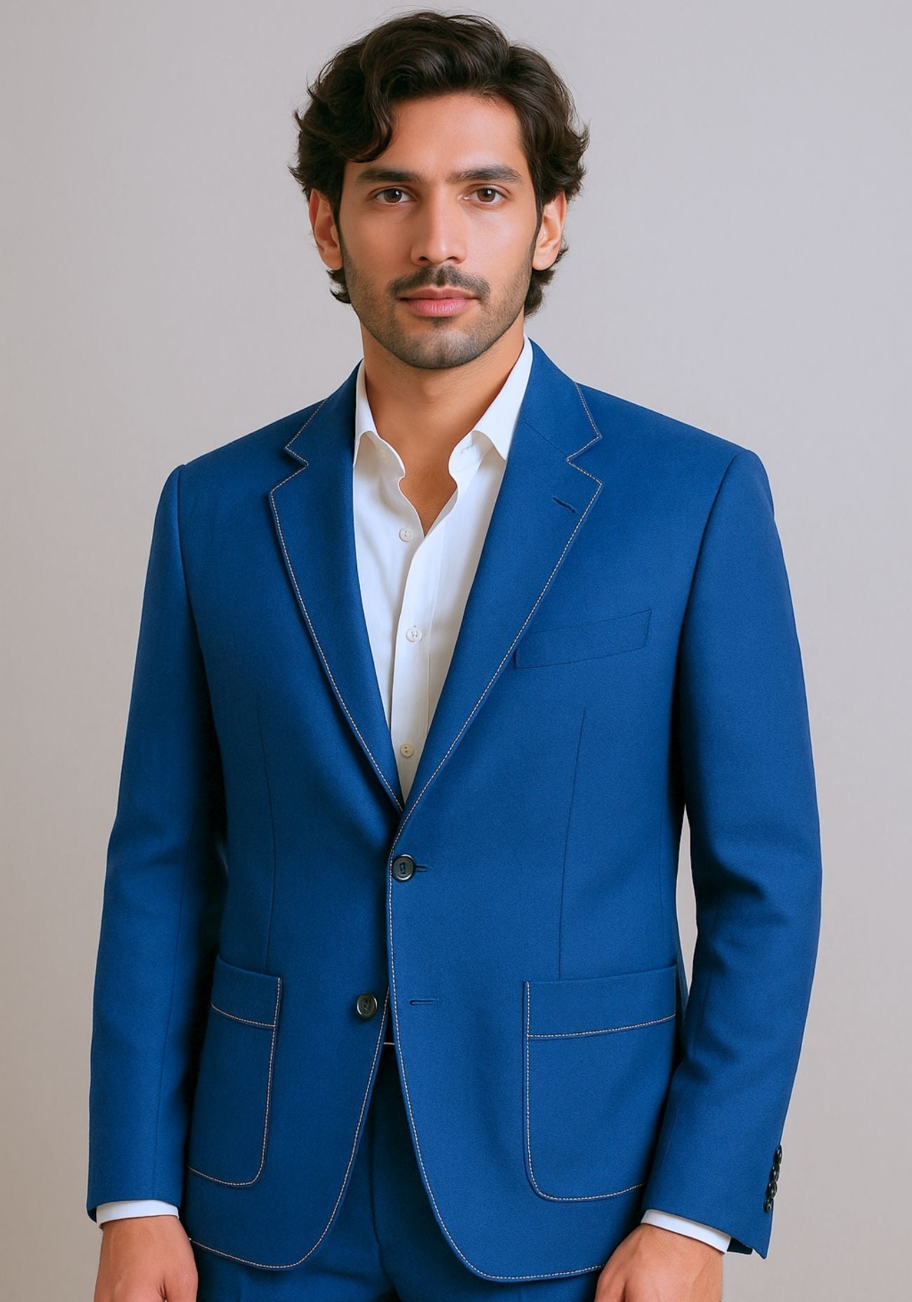 Classic Blue Linen Jacket with White Stitch Detail