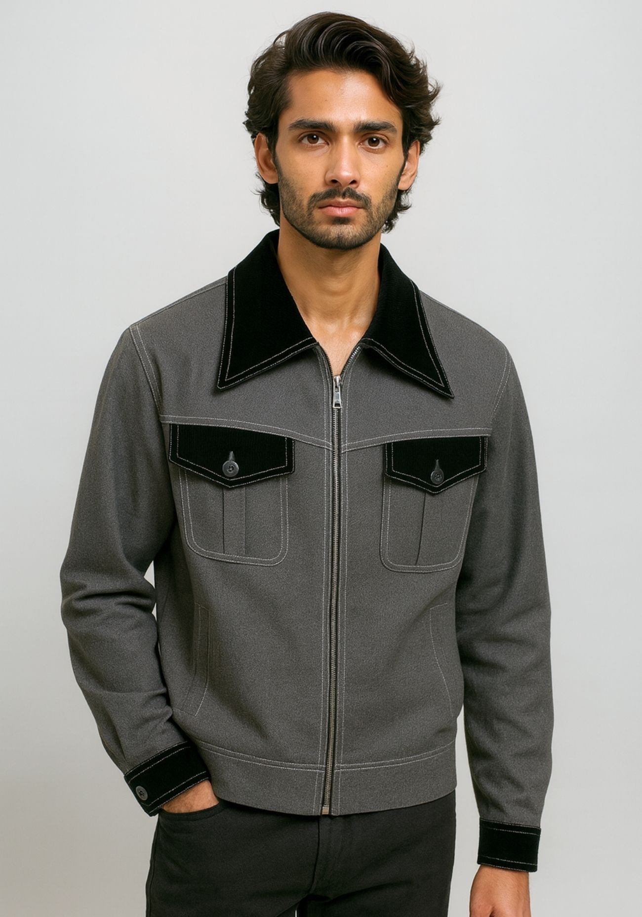 Dark Grey Shacket with Velvet Collar