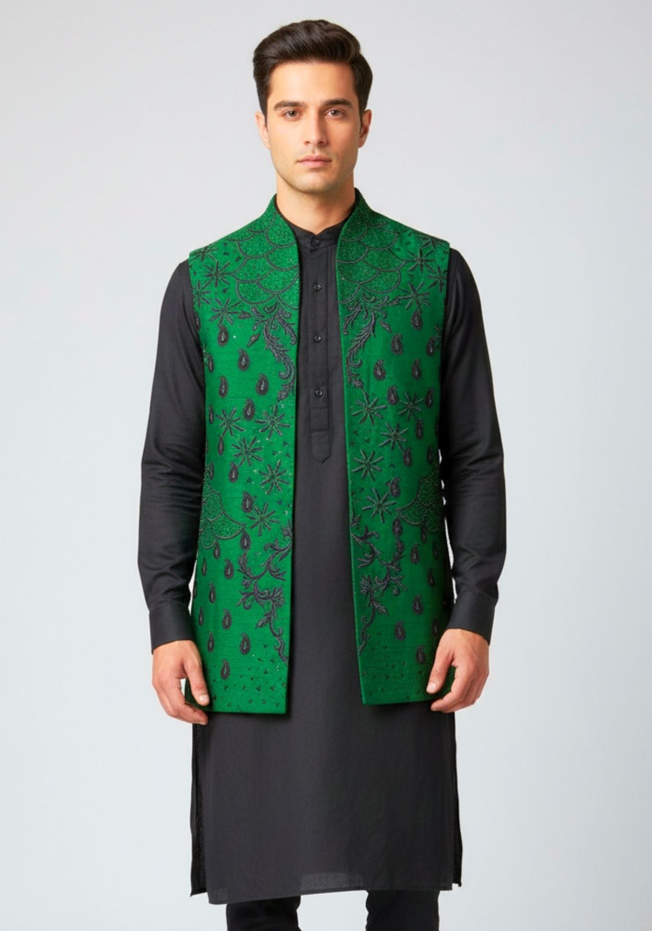 Green Embroidered Nehru Jacket Set