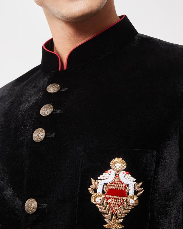 Black Velvet Embroidered Bandhgala