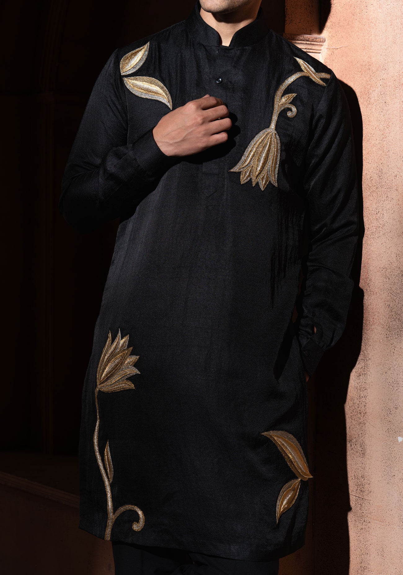 Black & Gold 3D Embroidered Kurta Set