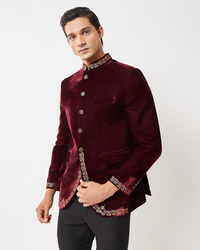 Maroon Velvet Gold Zari Embroidered Bandhgala