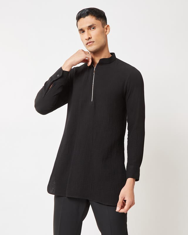 Black Textured Kurta with Zipper