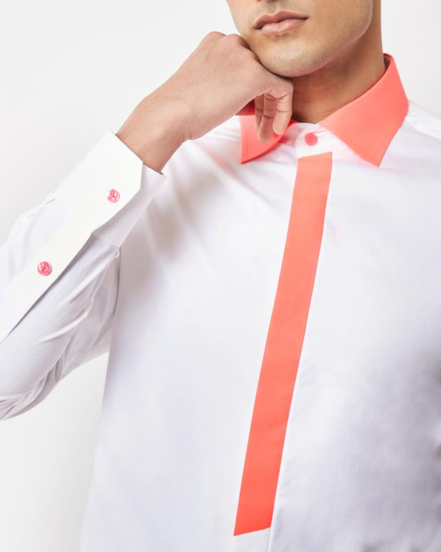 White & Fluorescent Pink Color-Block Shirt