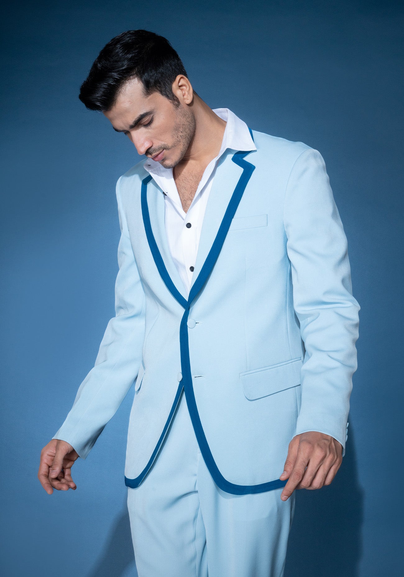 Celeste blue two button jacket set