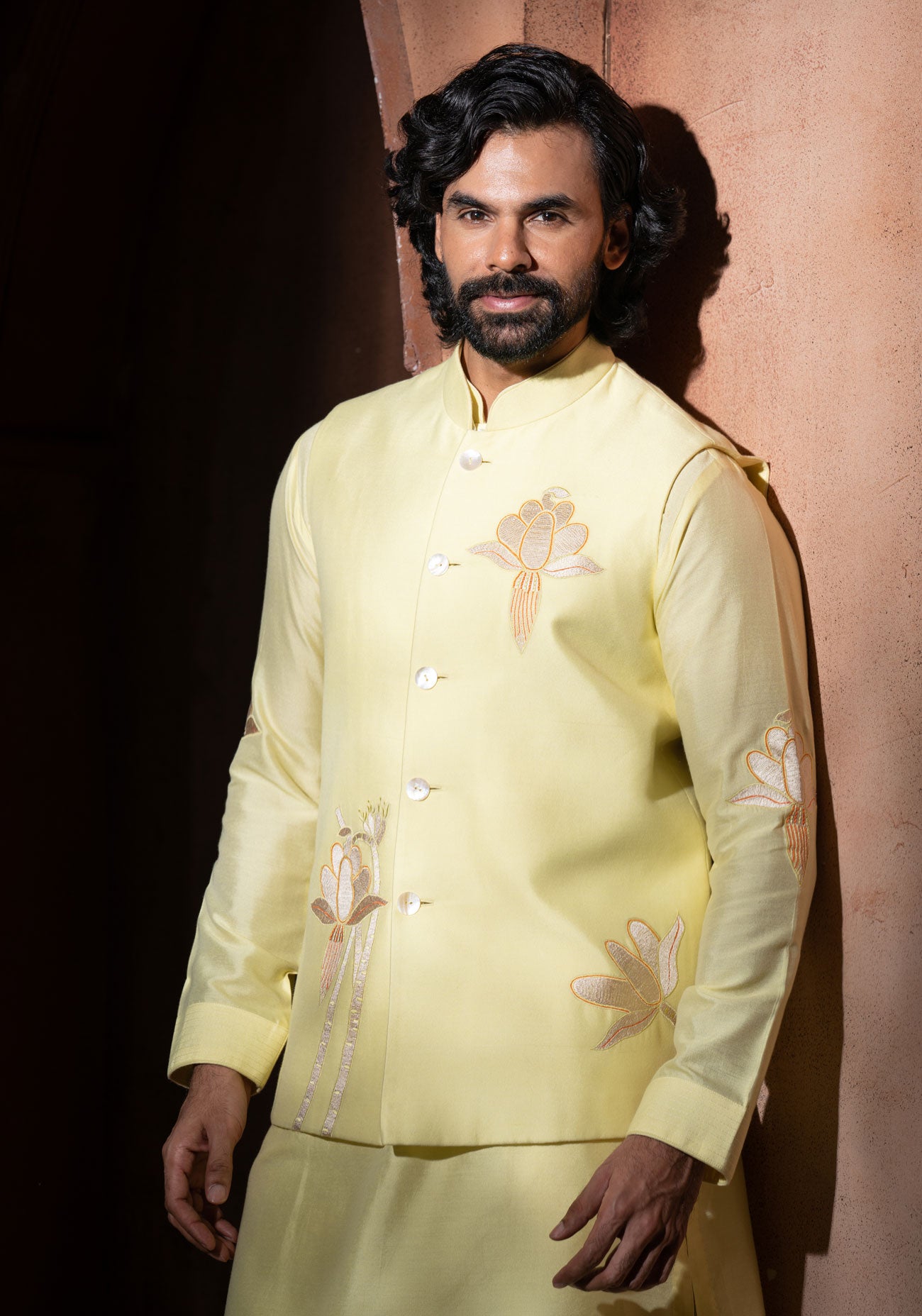 Yellow Floral Embroidered Nehru Jacket Set
