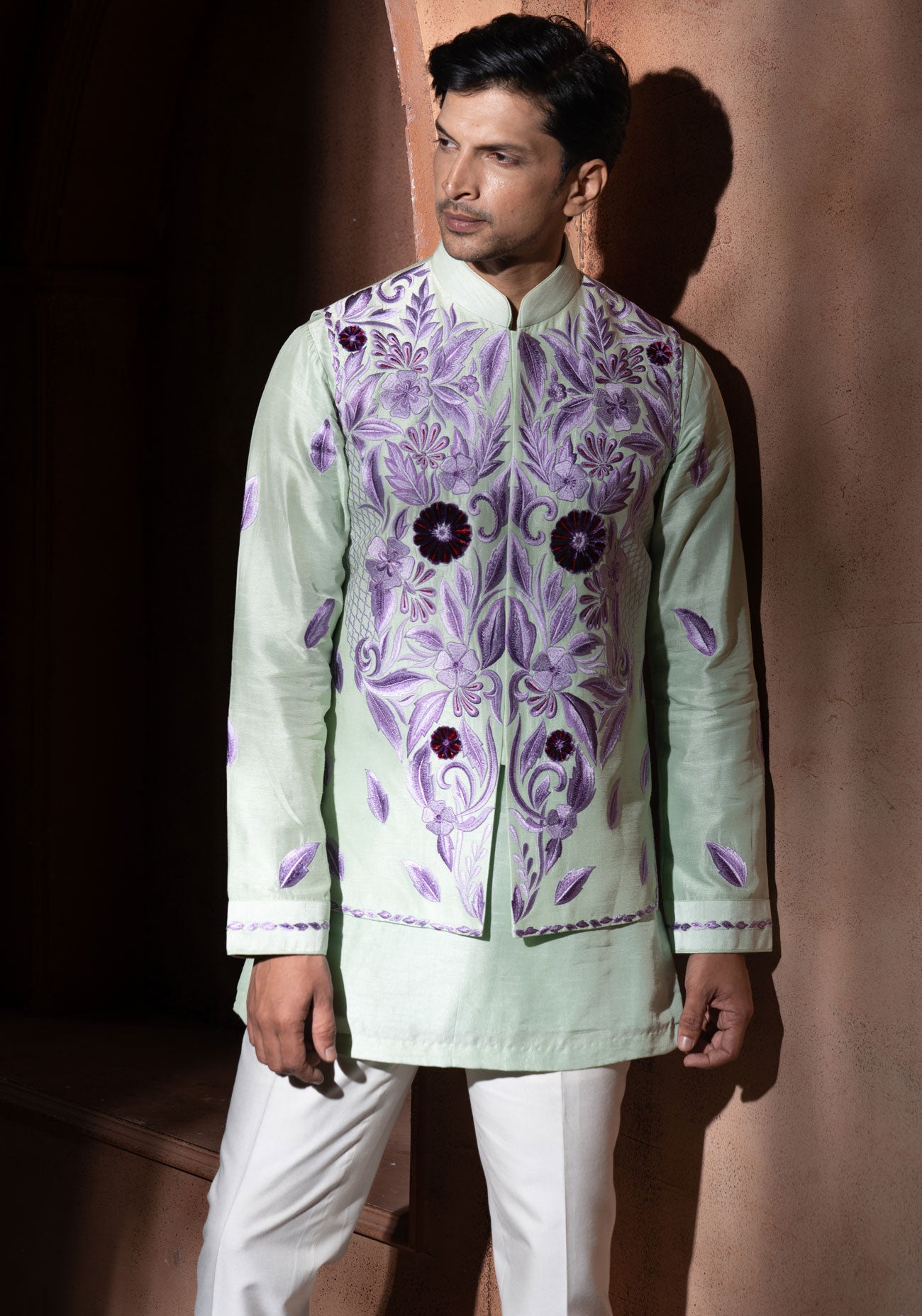 Mint Green Embroidered Nehru Jacket Set