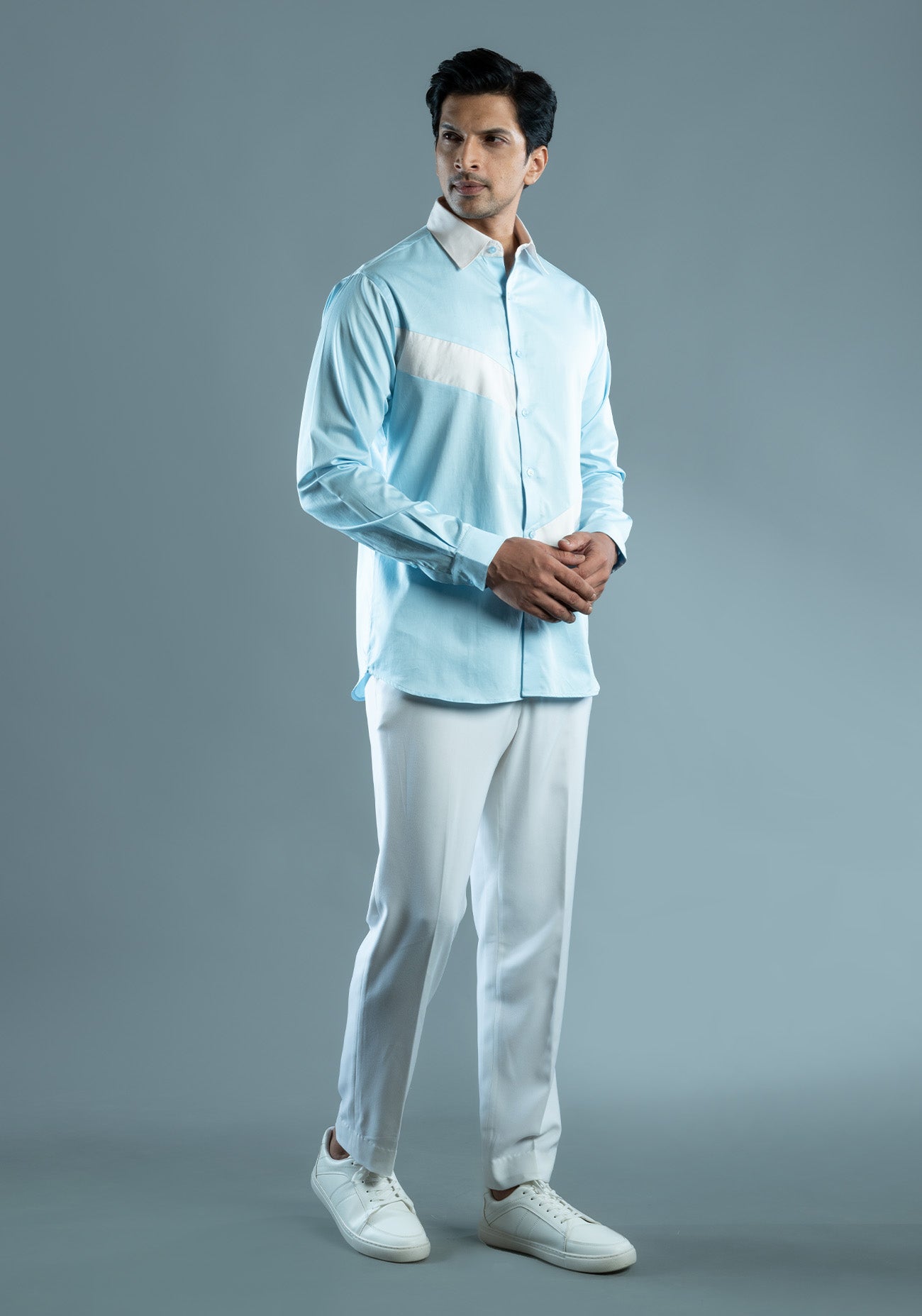 Powder Blue & White Cotton Color Block Shirt