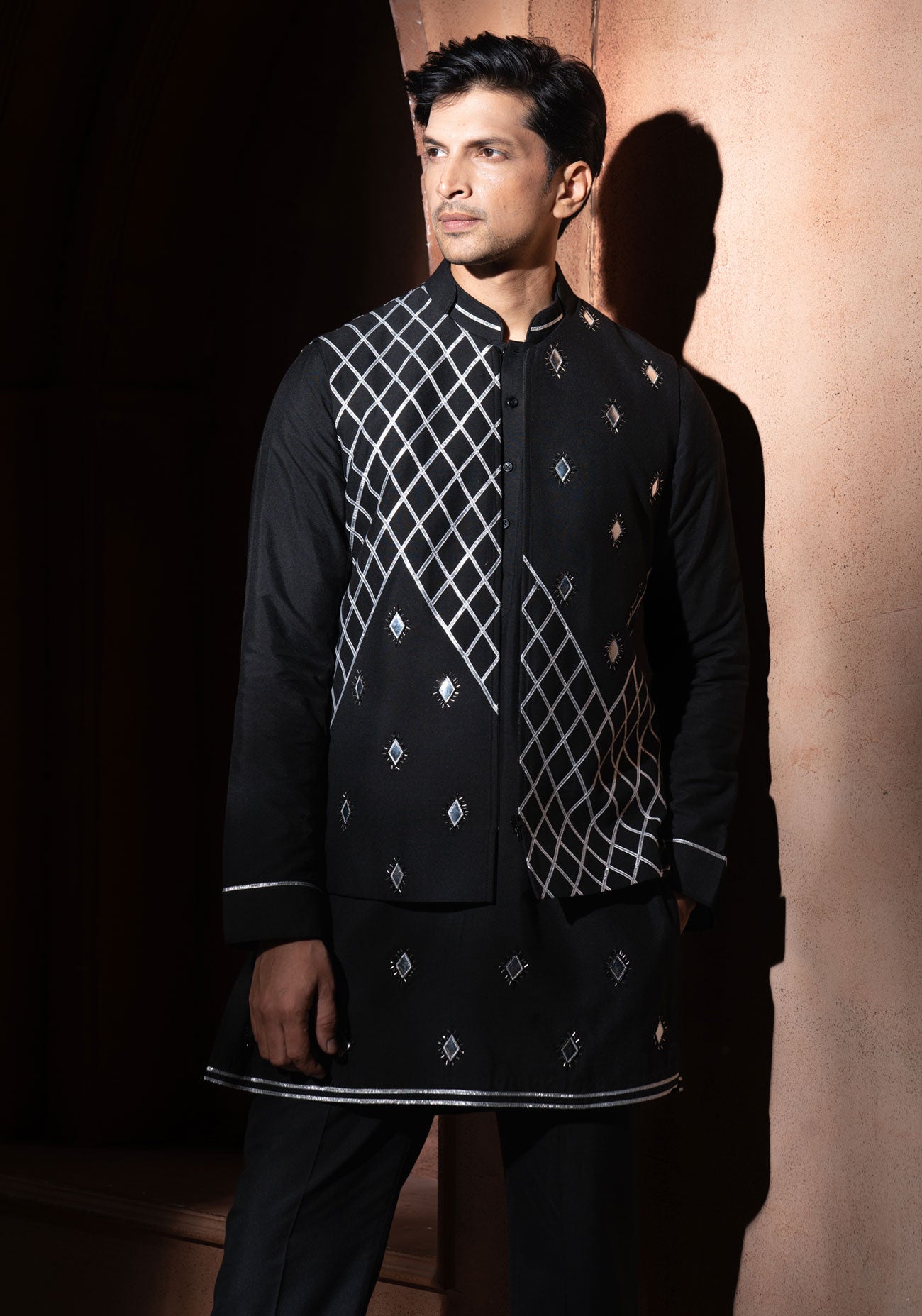 Black Foil Work Nehru Jacket Set